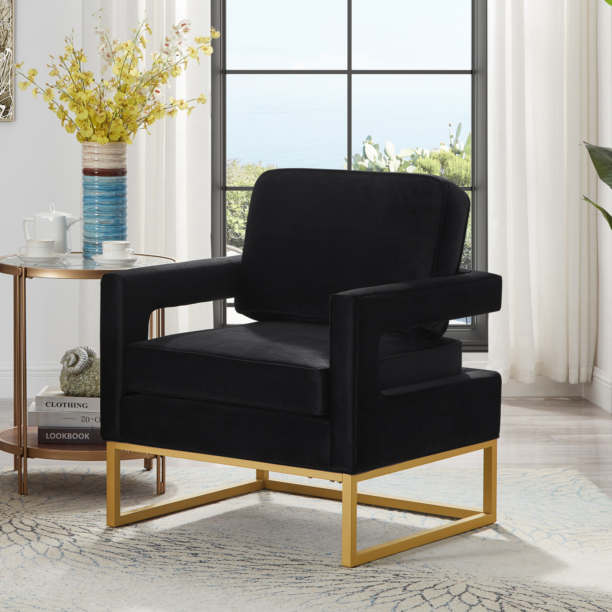 🆓🚛 Modern Style Accent Chair With Gold Metal Base, Velvet Upholstered Leisure Chair With Open Armrest, Armchair, Black