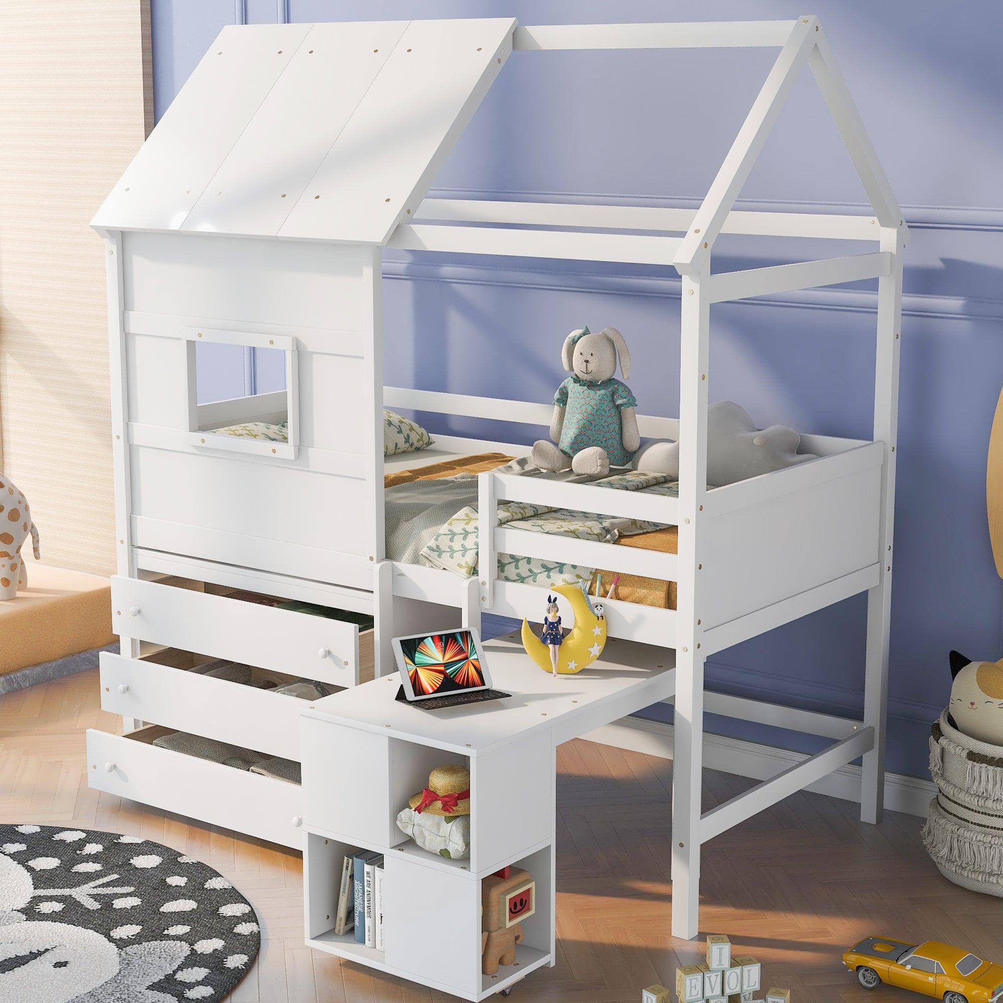 🆓🚛 Twin Size House Loft Bed With Storage Desk & 3 Drawer Chest, White