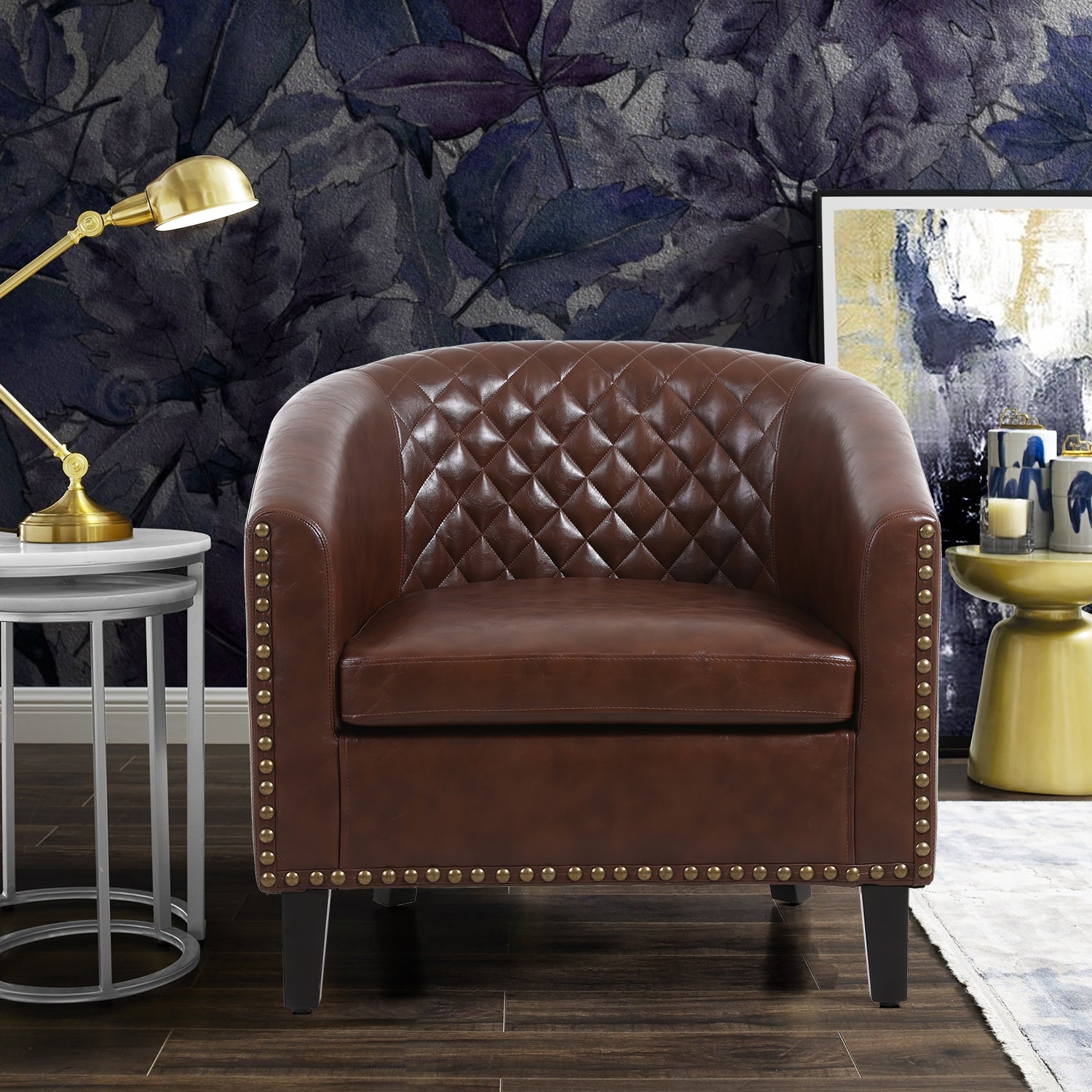 🆓🚛 Accent Barrel Chair Living Room Chair With Nailheads and Solid Wood Legs, Brown Pu Leather