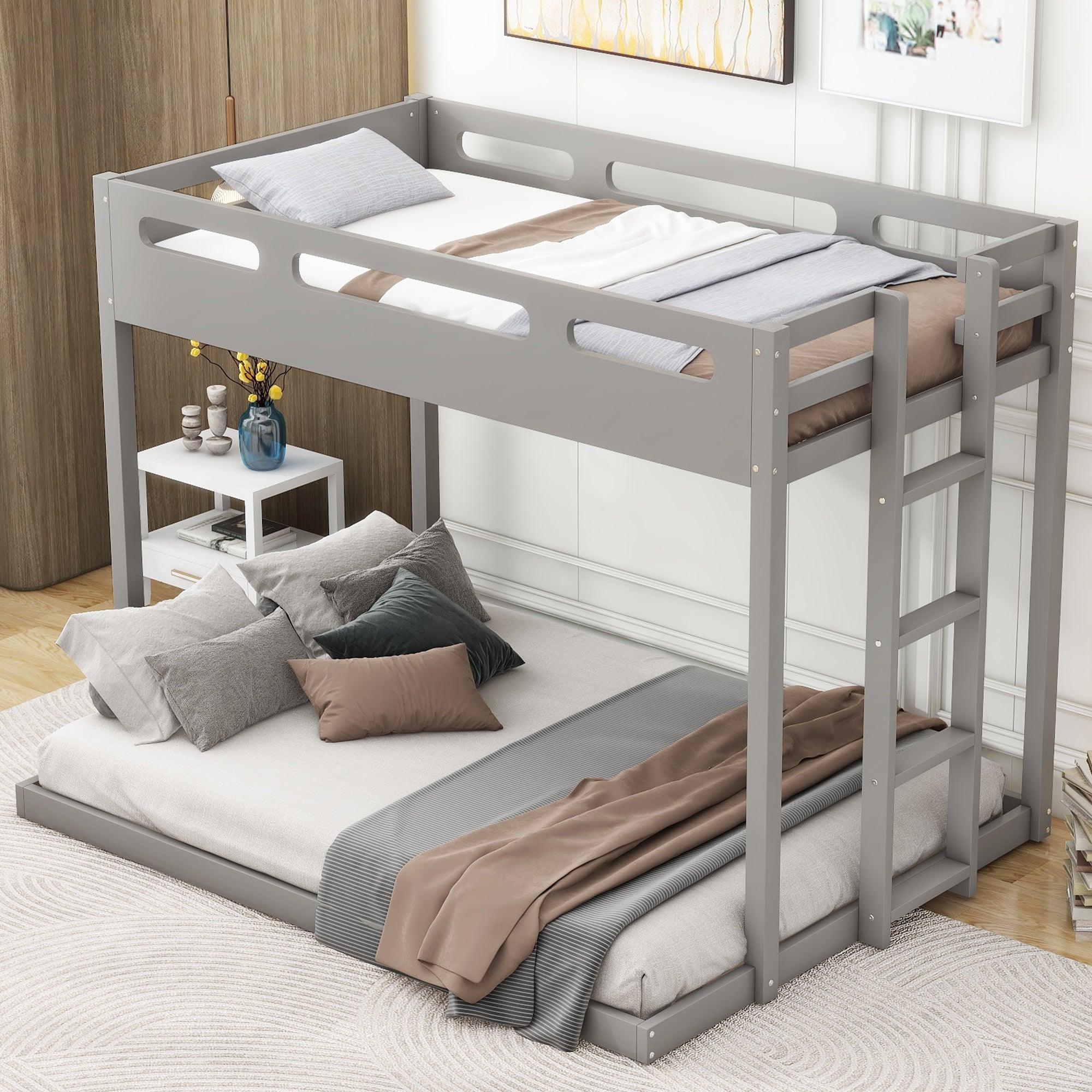 🆓🚛 Twin Over Full Bunk Bed With Built-in Ladder, Gray
