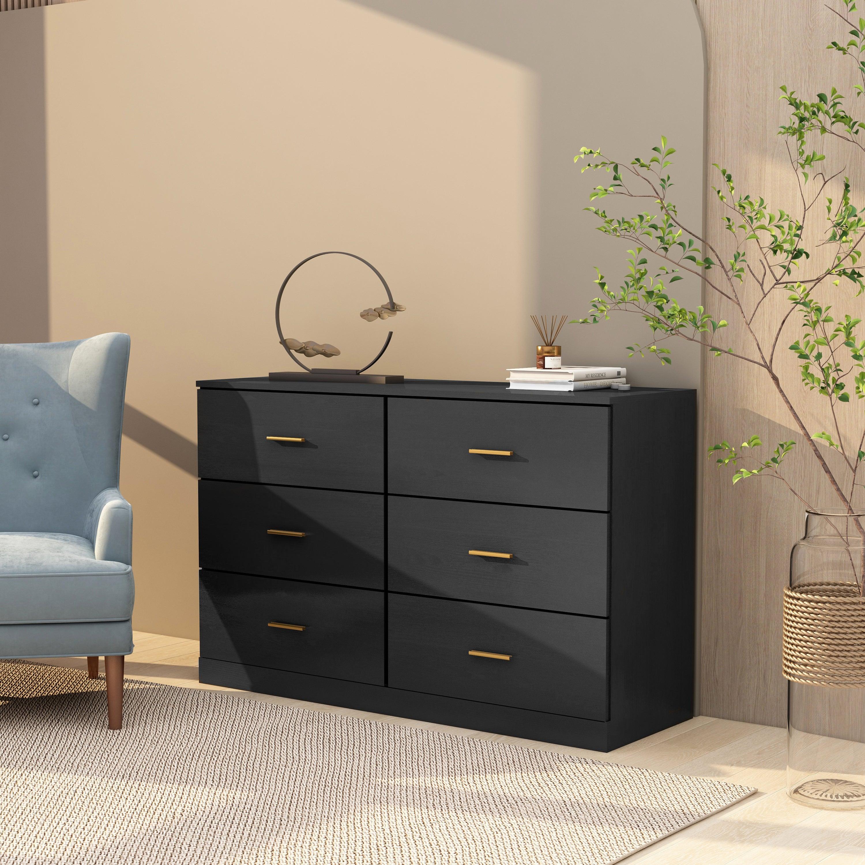 🆓🚛 Modern Black 6-Drawer Dresser for Bedroom - Ample Storage Wide Chest Of Drawers, Sturdy & Safe