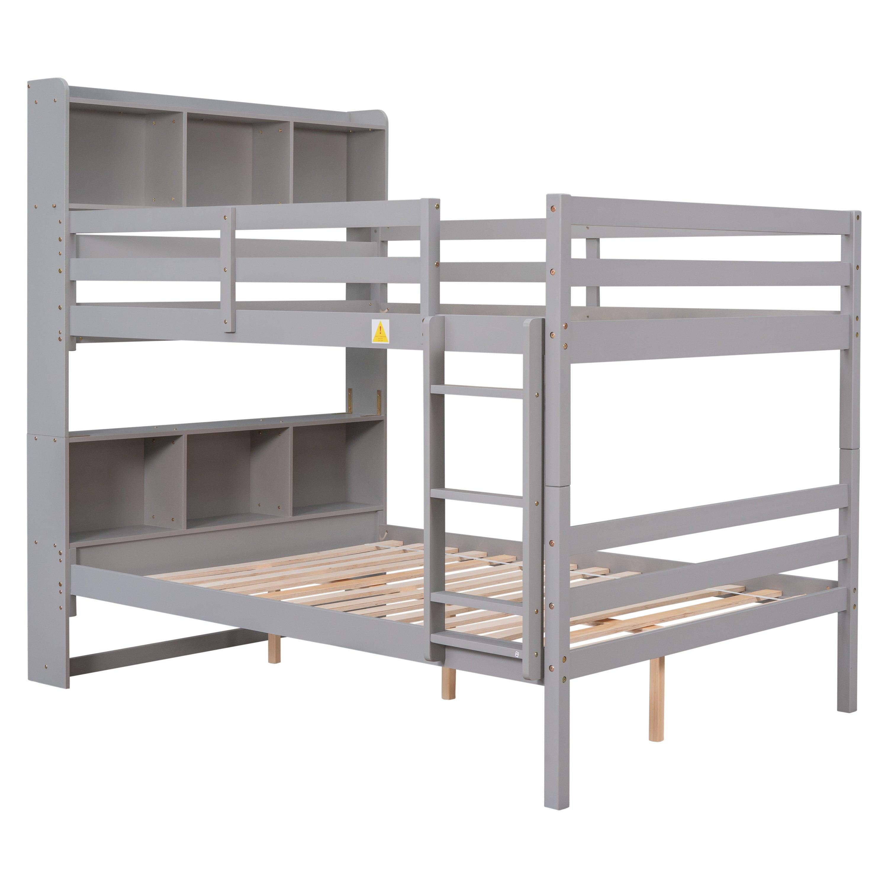 Full Over Full Bunk Beds With Bookcase Headboard, Safety Rail And Ladder, Kids/Teens Bedroom, Grey