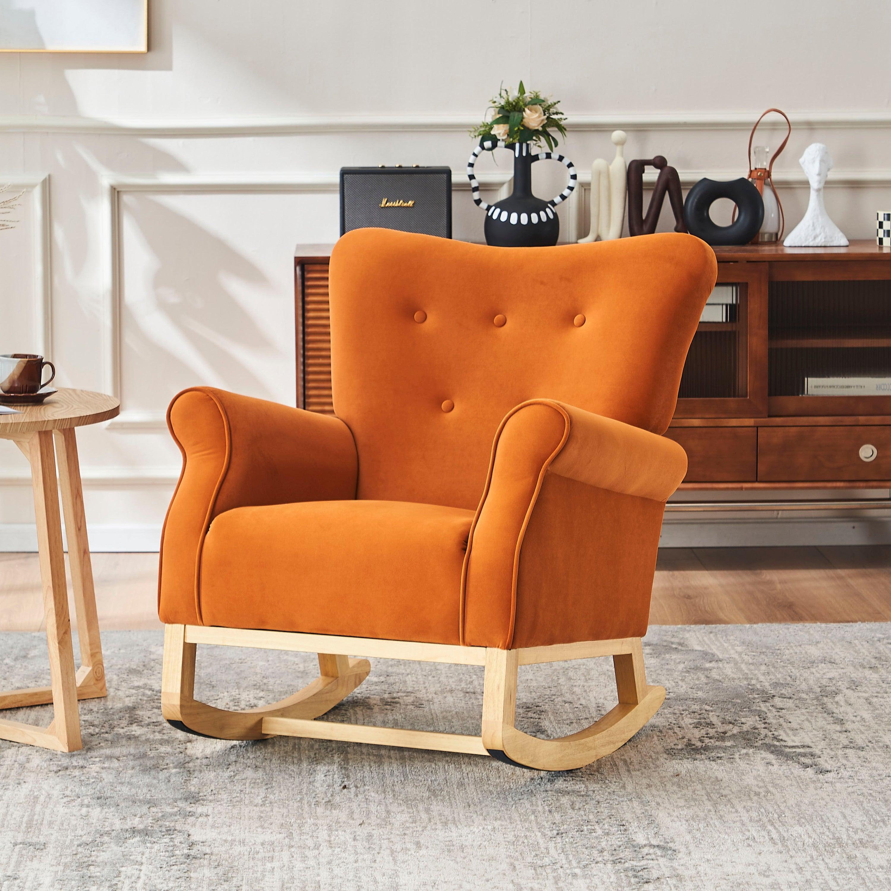 🆓🚛 Baby Room High Back Rocking Chair Nursery Chair, Comfortable Rocker Fabric Padded Seat, Orange