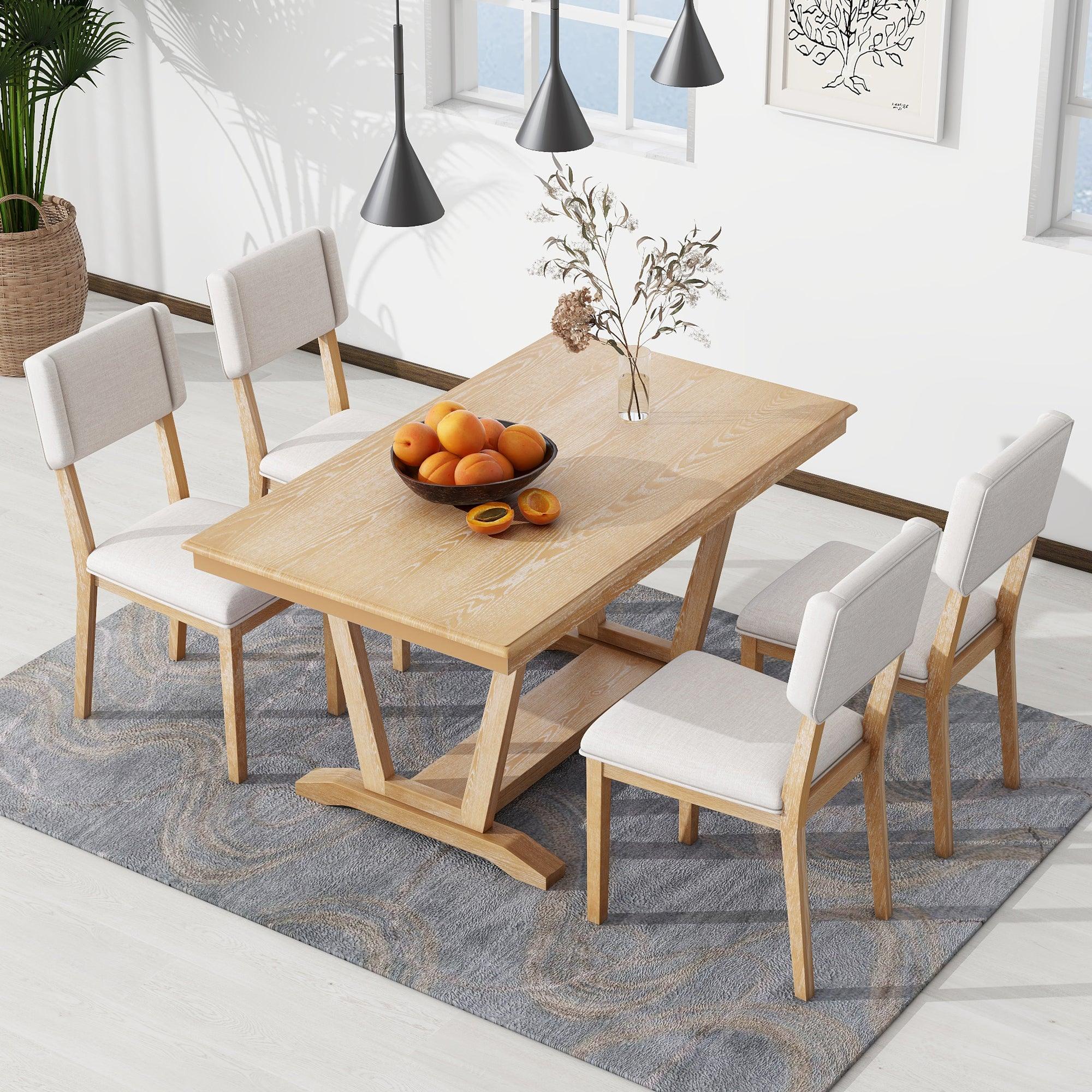 🆓🚛 Rustic 5-Piece Dining Table Set With 4 Upholstered Chairs, 59-Inch Rectangular Dining Table With Trestle Table Base, Naural