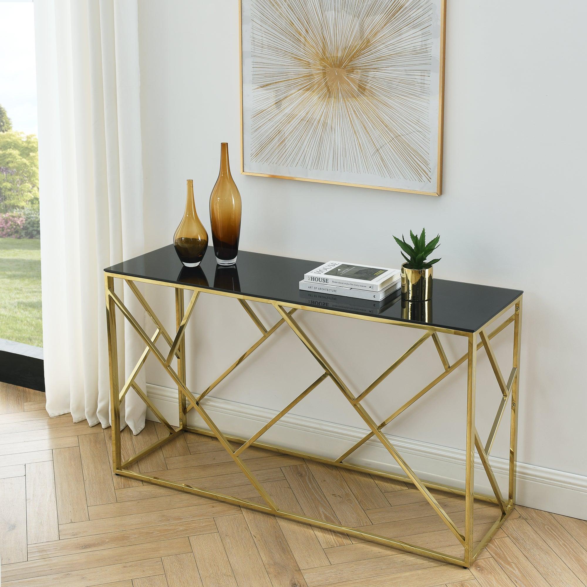 🆓🚛 Modern Glass Console Table, 55" Gold Sofa Table With Sturdy Metal Frame & Black Tempered Glass Top, for Living Room Entryway Bedroom, Gold Finish