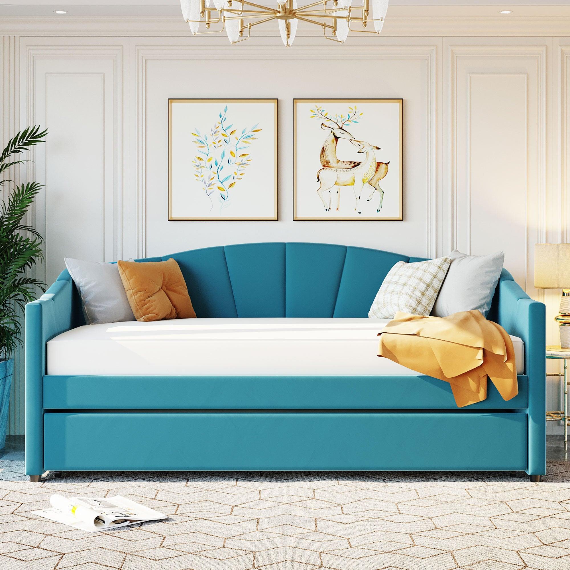 🆓🚛 Upholstered Daybed Sofa Bed Twin Size With Trundle Bed & Wood Slat, Blue