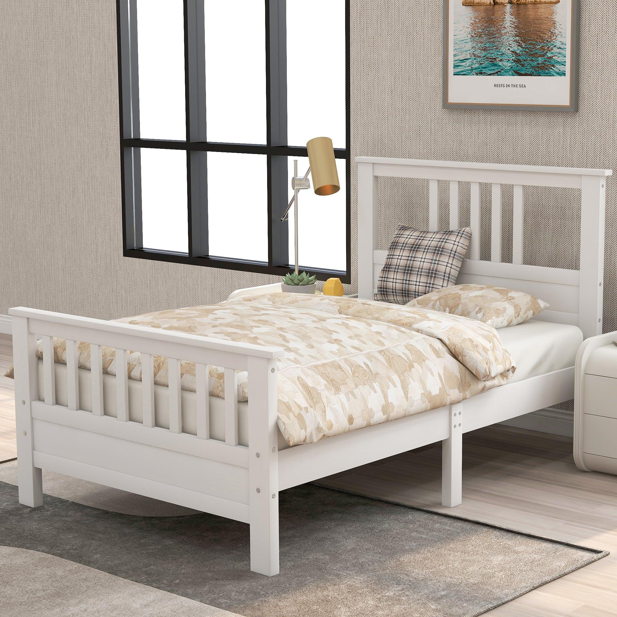 🆓🚛 Wood Platform Bed With Headboard & Footboard, Twin, White