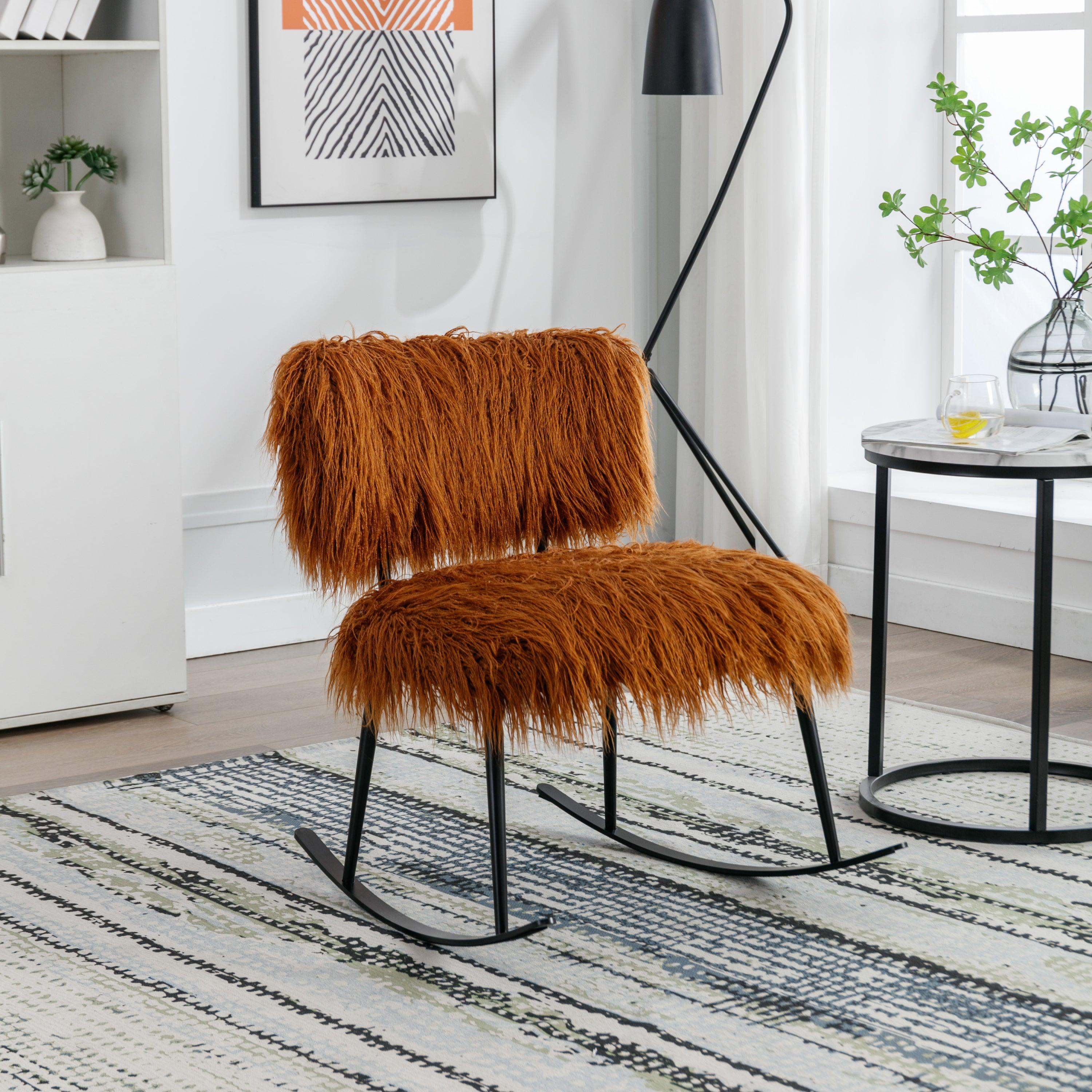 🆓🚛 25.2'' Wide Faux Fur Plush Nursery Rocking Chair, Baby Nursing Chair With Metal Rocker, Fluffy Upholstered Glider Chair, Caramel