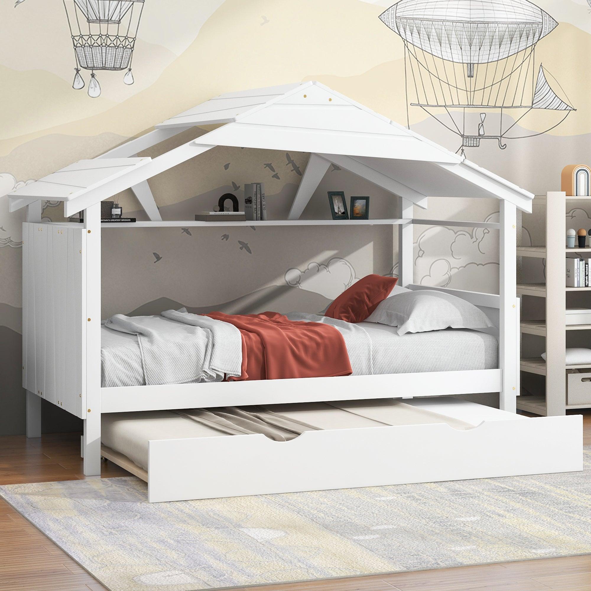 🆓🚛 Wood Twin Size House Bed With Trundle & Storage, White