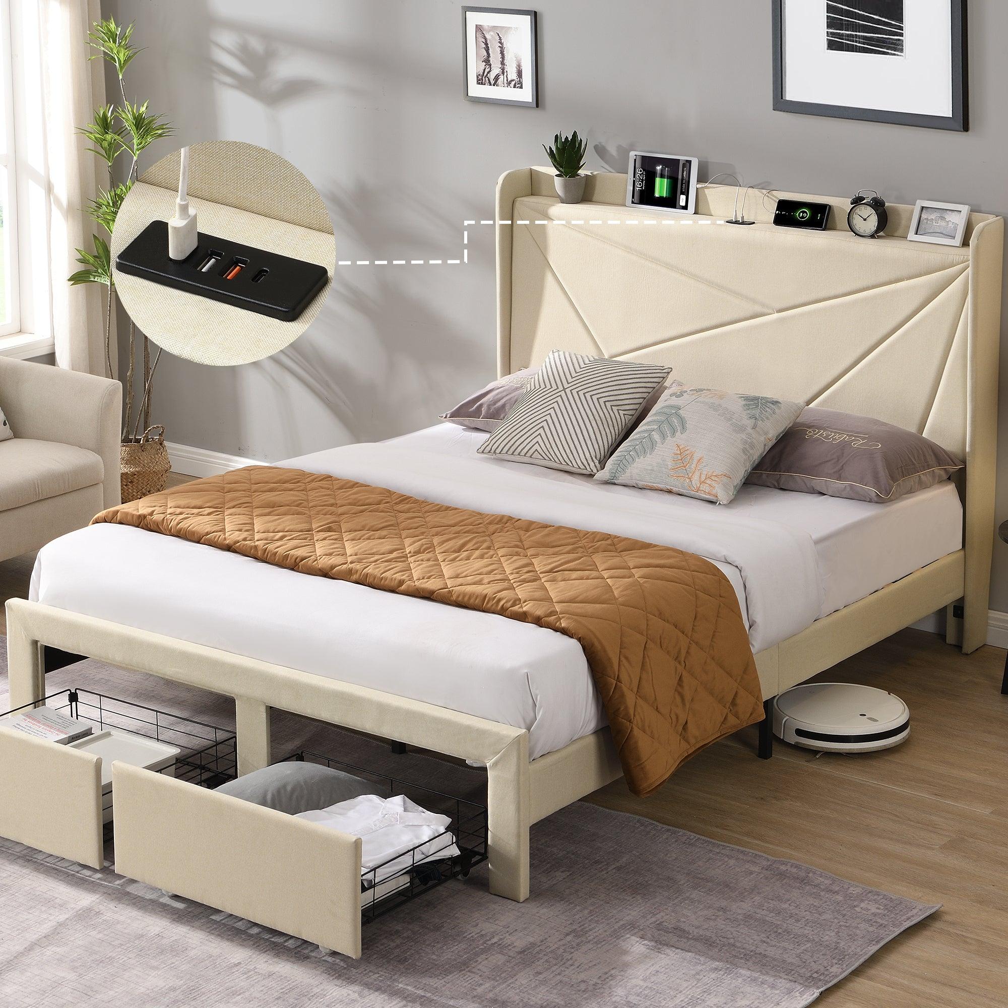 🆓🚛 Full Size Upholstered Bed Frame With Wingback Headboard, 2 Storage Drawers, Storage Shelf, Built-in Usb Charging Station, Beige