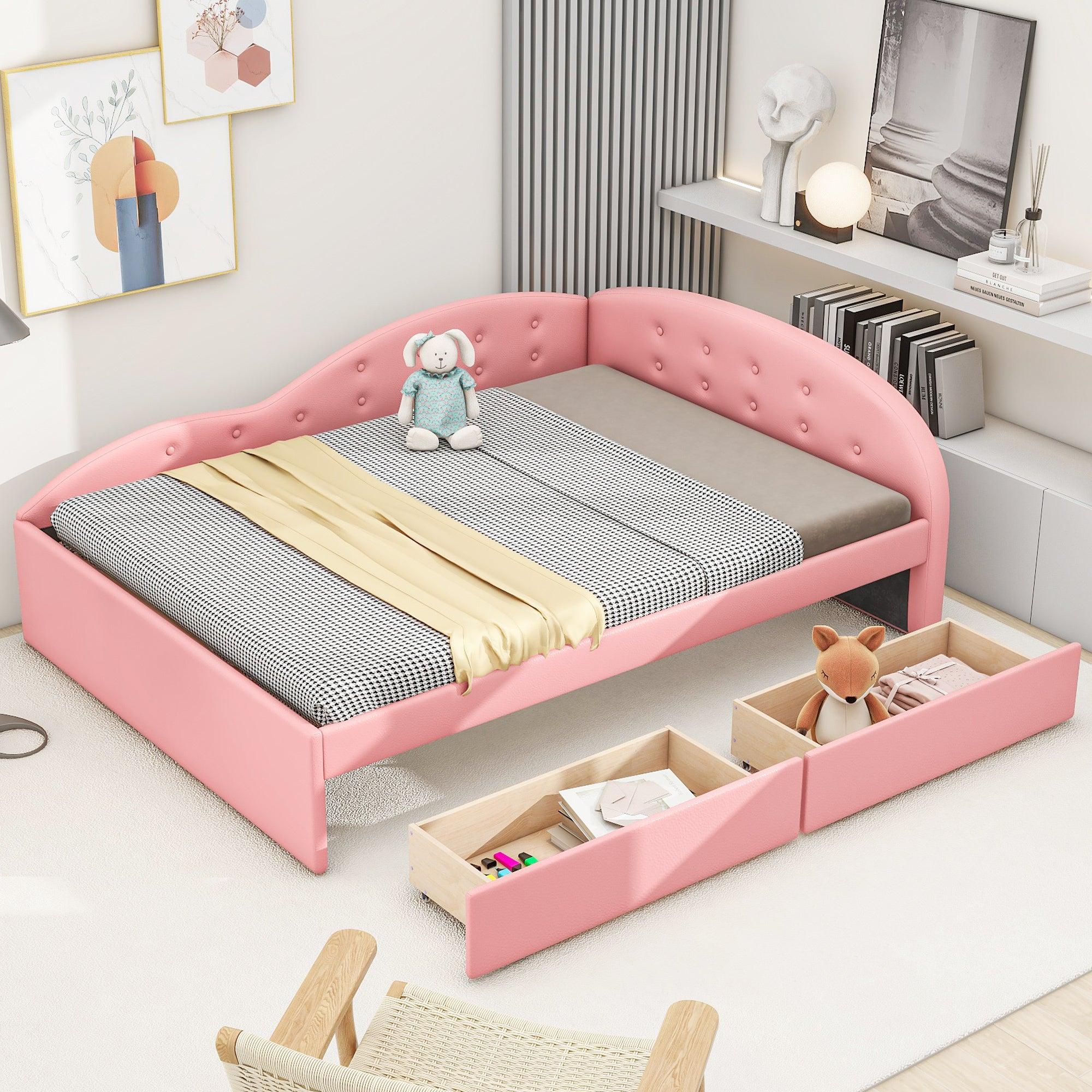 Full Size PU Upholstered Tufted Daybed with Two Drawers and Cloud Shaped Guardrail, Pink