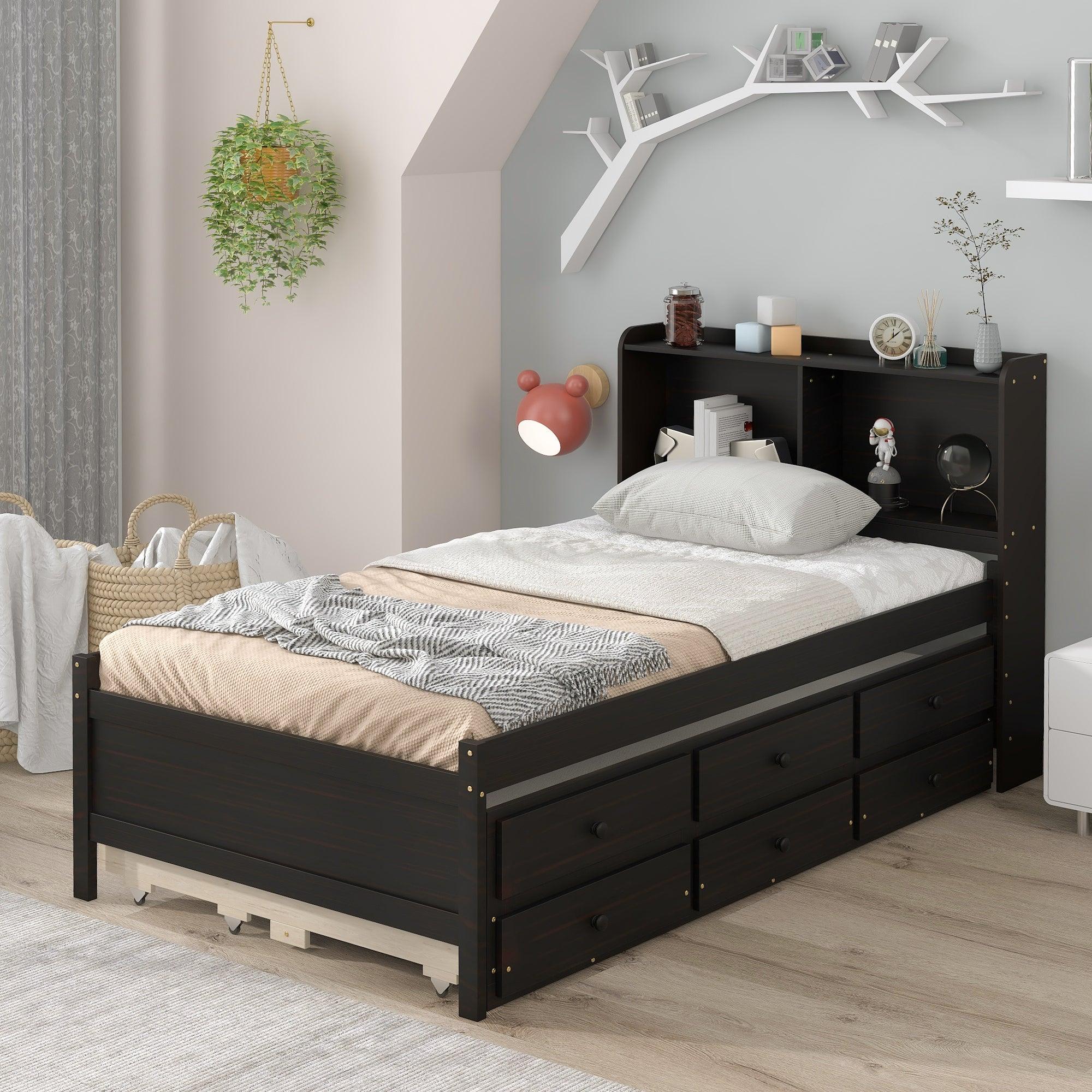 🆓🚛 Twin Bed With Bookcase, Twin Trundle & Drawers, Espresso