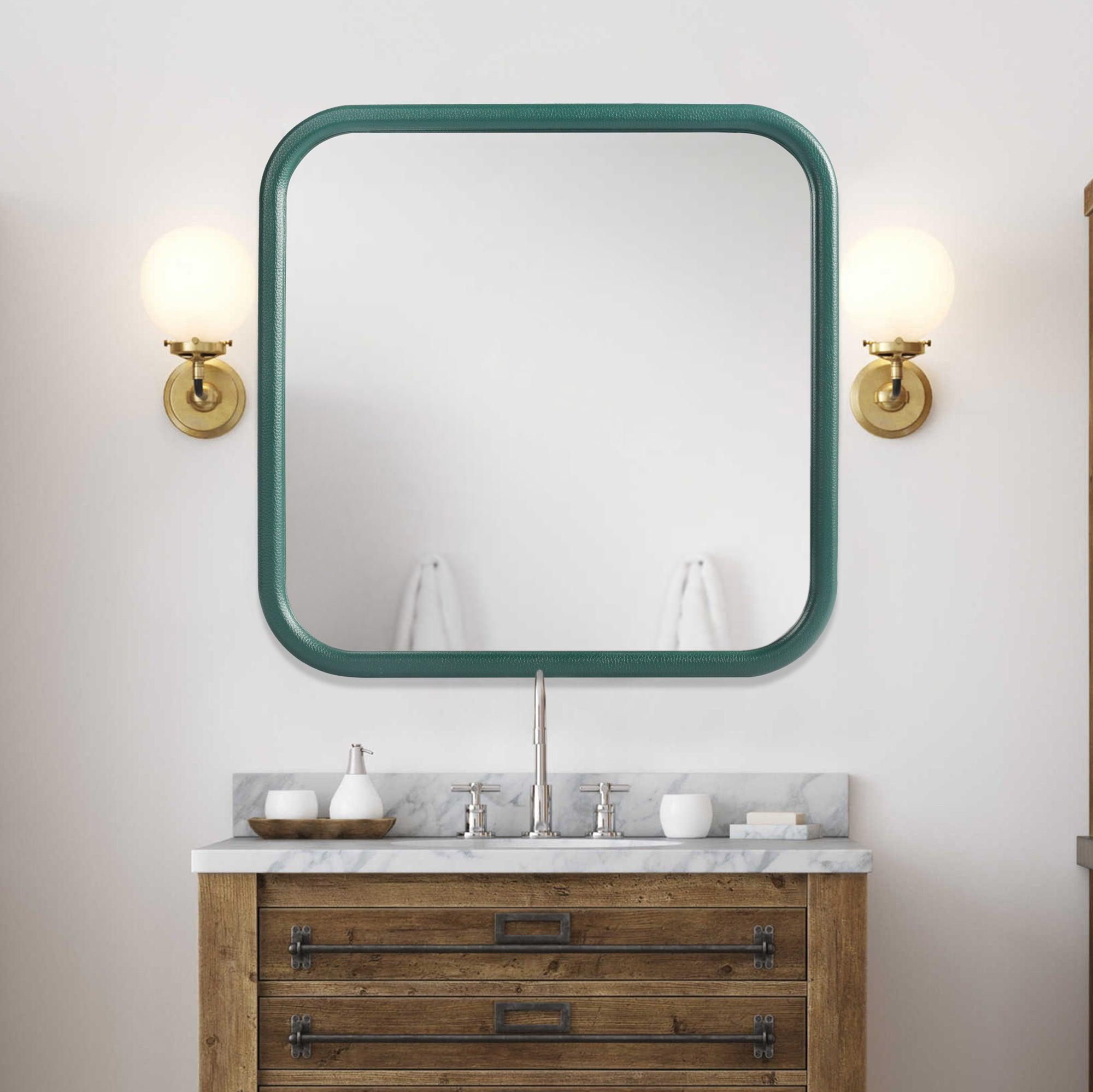 🆓🚛 Square Green Decorative Wall Hanging Mirror, Pu Covered Mdf Framed Mirror for Bedroom Living Room Vanity Entryway Wall Decor, 23.62X23.62"