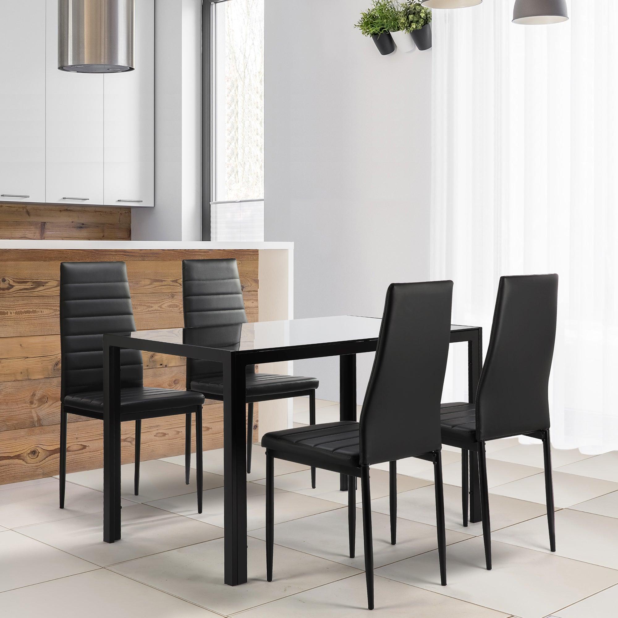 🆓🚛 5 Pieces Dining Table Set for 4, Kitchen Room Tempered Glass Dining Table, 4 Faux Leather Chairs, Black