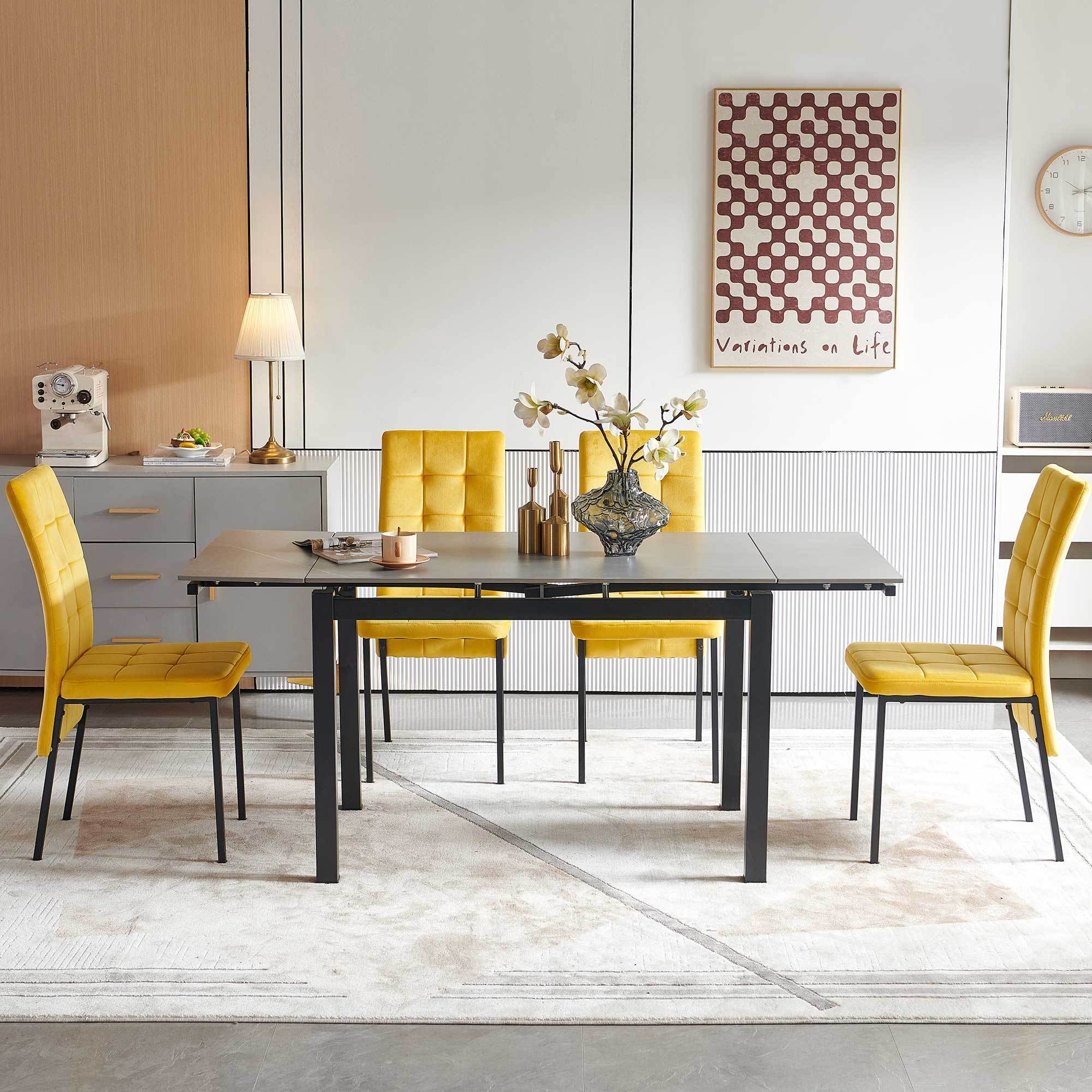 🆓🚛 5-Pieces Slate Dining Table Dining Set Including Yellow Velvet High Back Black Color Legs for Living Room, Dining Room, Kitchen