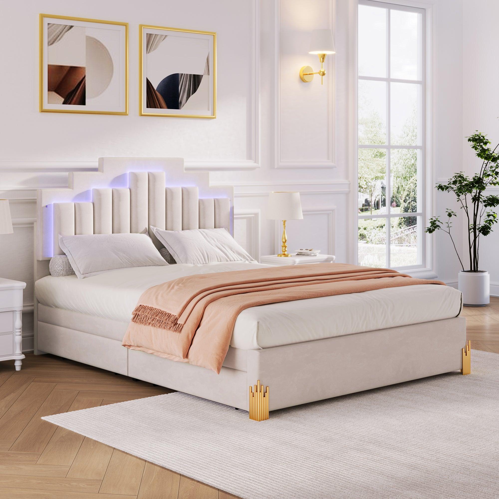 🆓🚛 Queen Size Upholstered Platform Bed With Led Lights & 4 Drawers, Stylish Irregular Metal Bed Legs Design, Beige