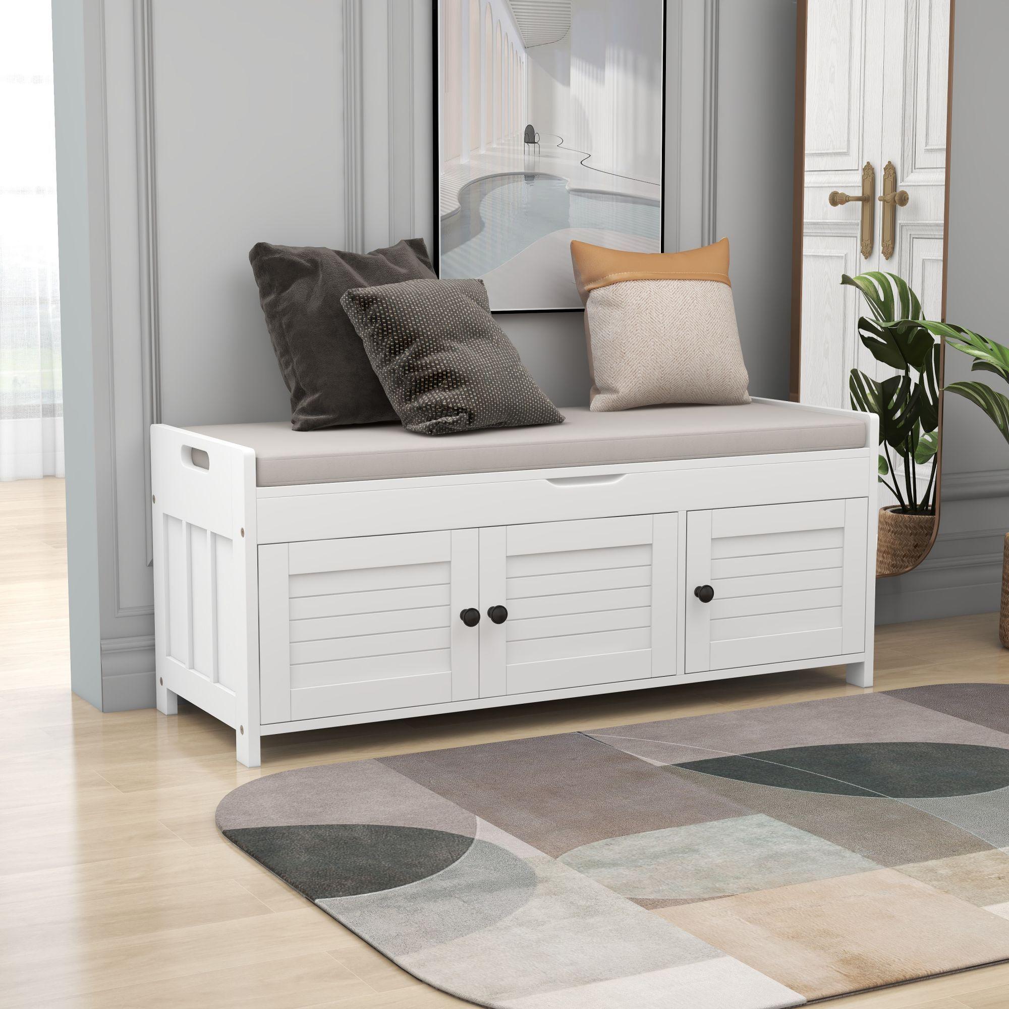 🆓🚛 Storage Bench With 3 Shutter-Shaped Doors, Shoe Bench With Removable Cushion & Hidden Storage Space, White,