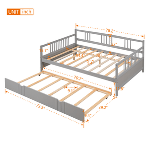 Full Size Daybed Wood Bed With Twin Size Trundle, Gray