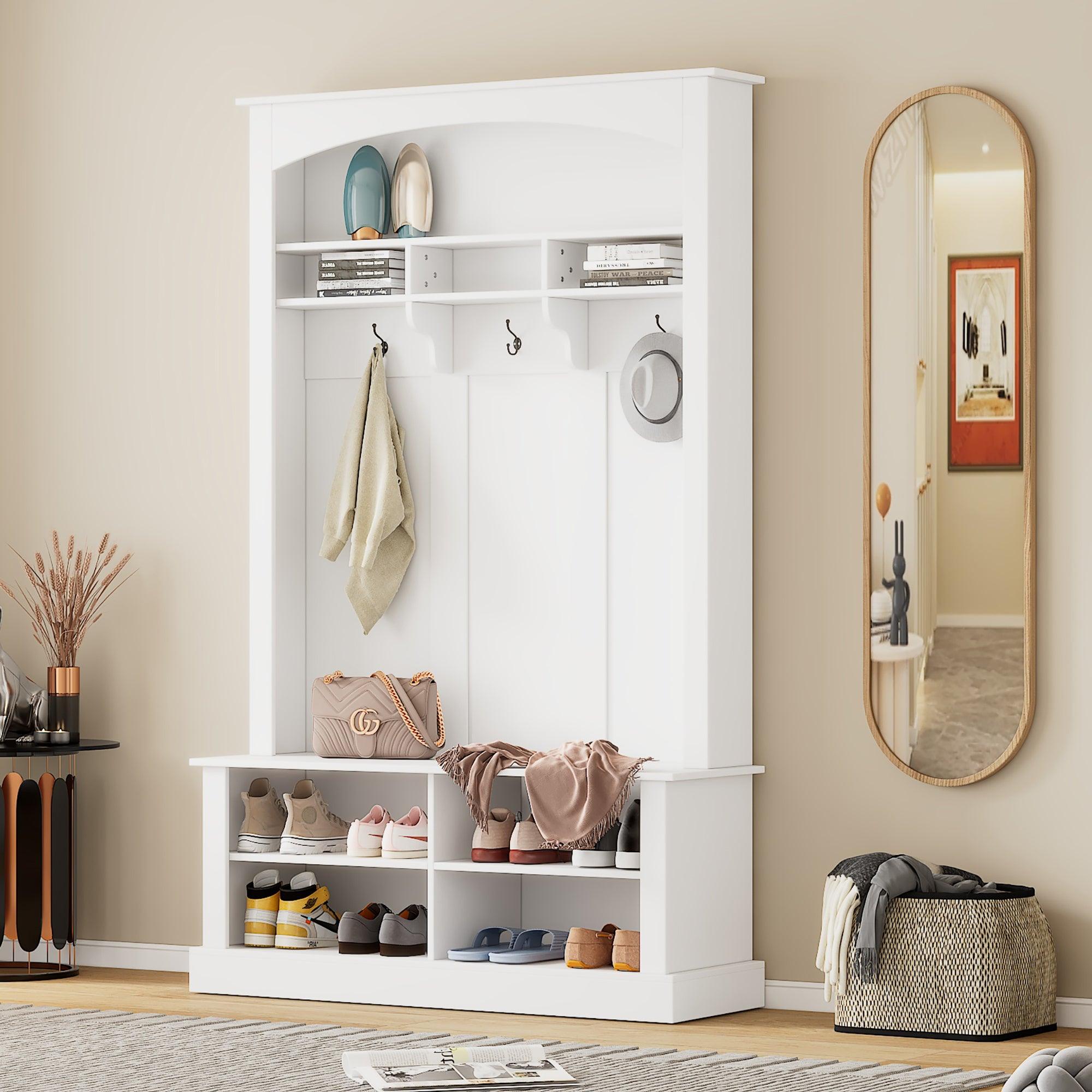 🆓🚛 47.2'' Wide Hall Tree With Bench & Shoe Storage, Multi-Functional Storage Bench With 3 Hanging Hooks & Open Storage Space, Rectangle Storage & Shelves Coat Rack for Hallway, White