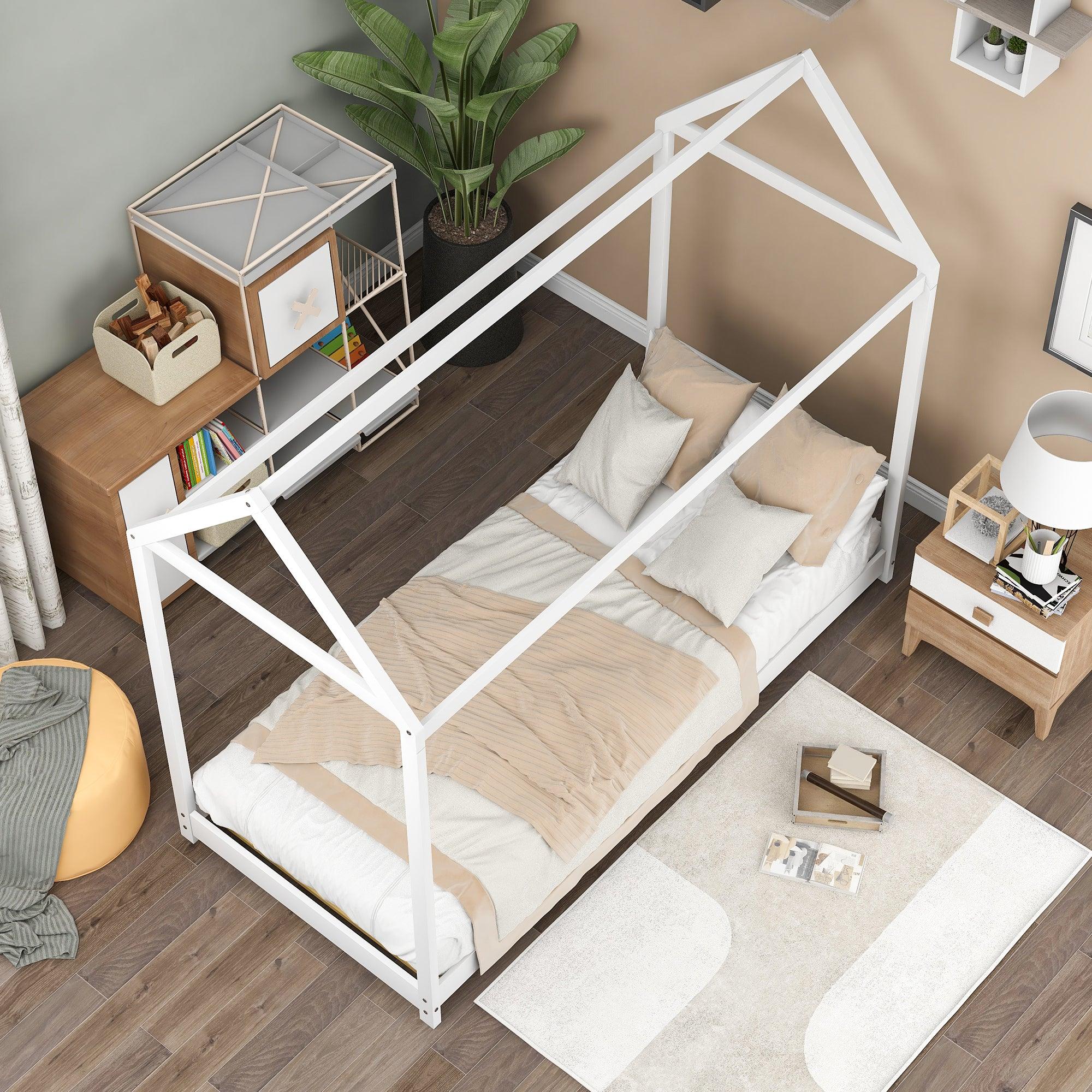 🆓🚛 Twin Size Wooden House Bed, White