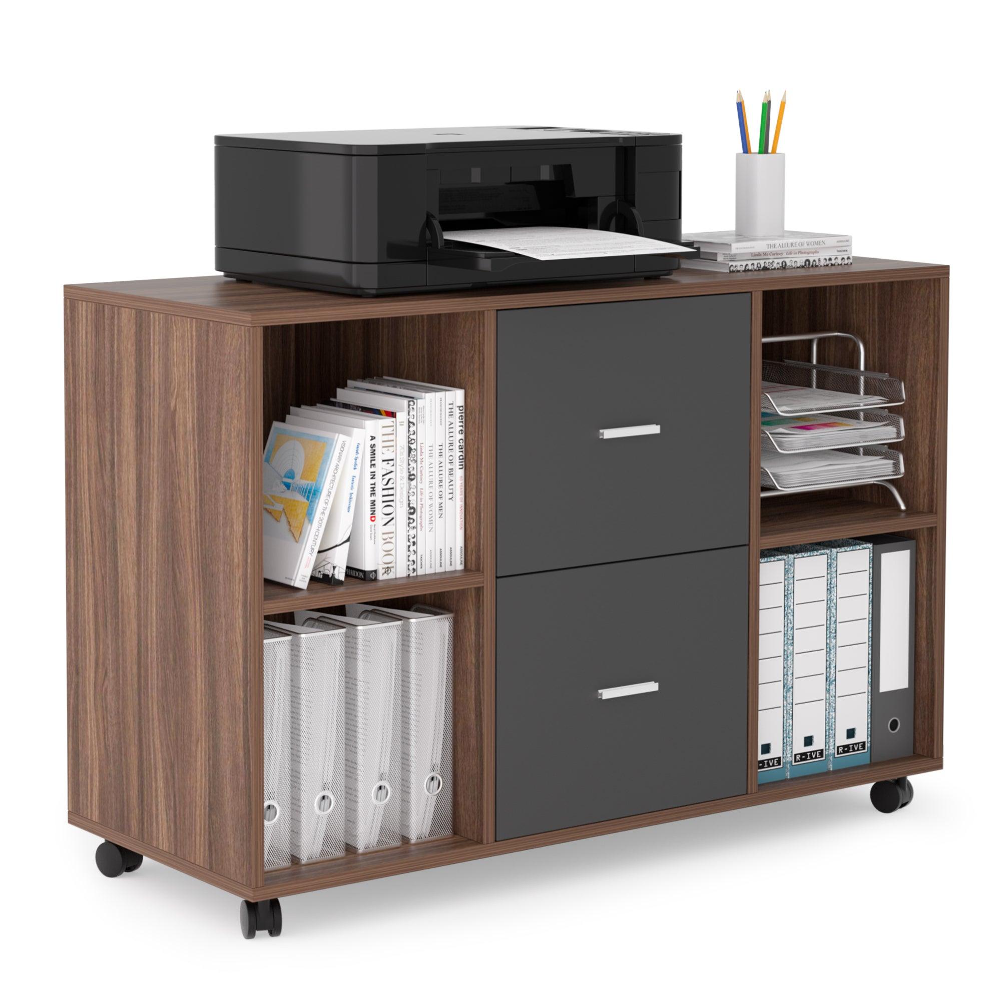 🆓🚛 Mobile Filing Cabinet With 2 Drawers & 4 Open Storage Cabinets, Walnut-Dark Gray