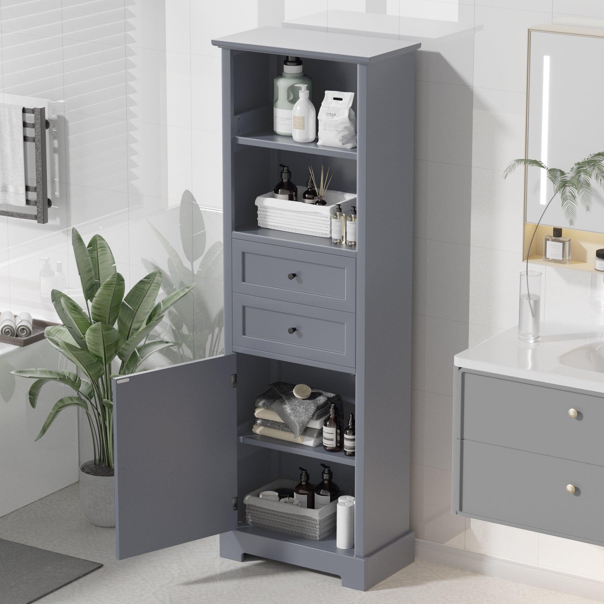 🆓🚛 Bathroom Storage Cabinet, Tall Storage Cabinet With Two Drawers, Open Storage, Adjustable Shelf, Gray