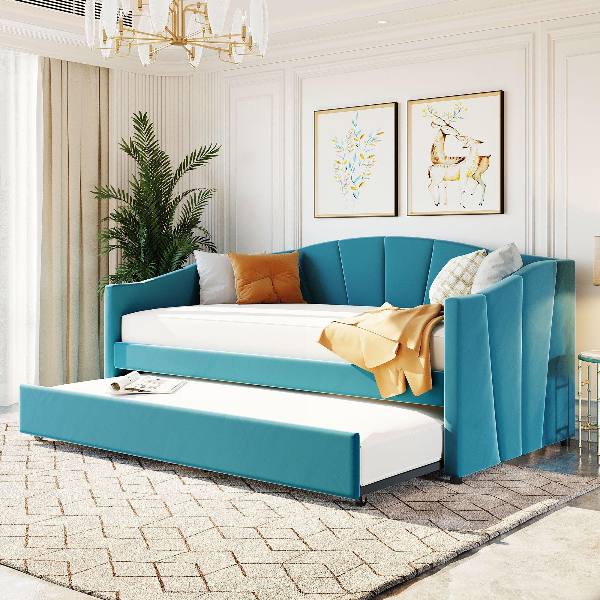 🆓🚛 Upholstered Daybed Sofa Bed Twin Size With Trundle Bed & Wood Slat, Blue