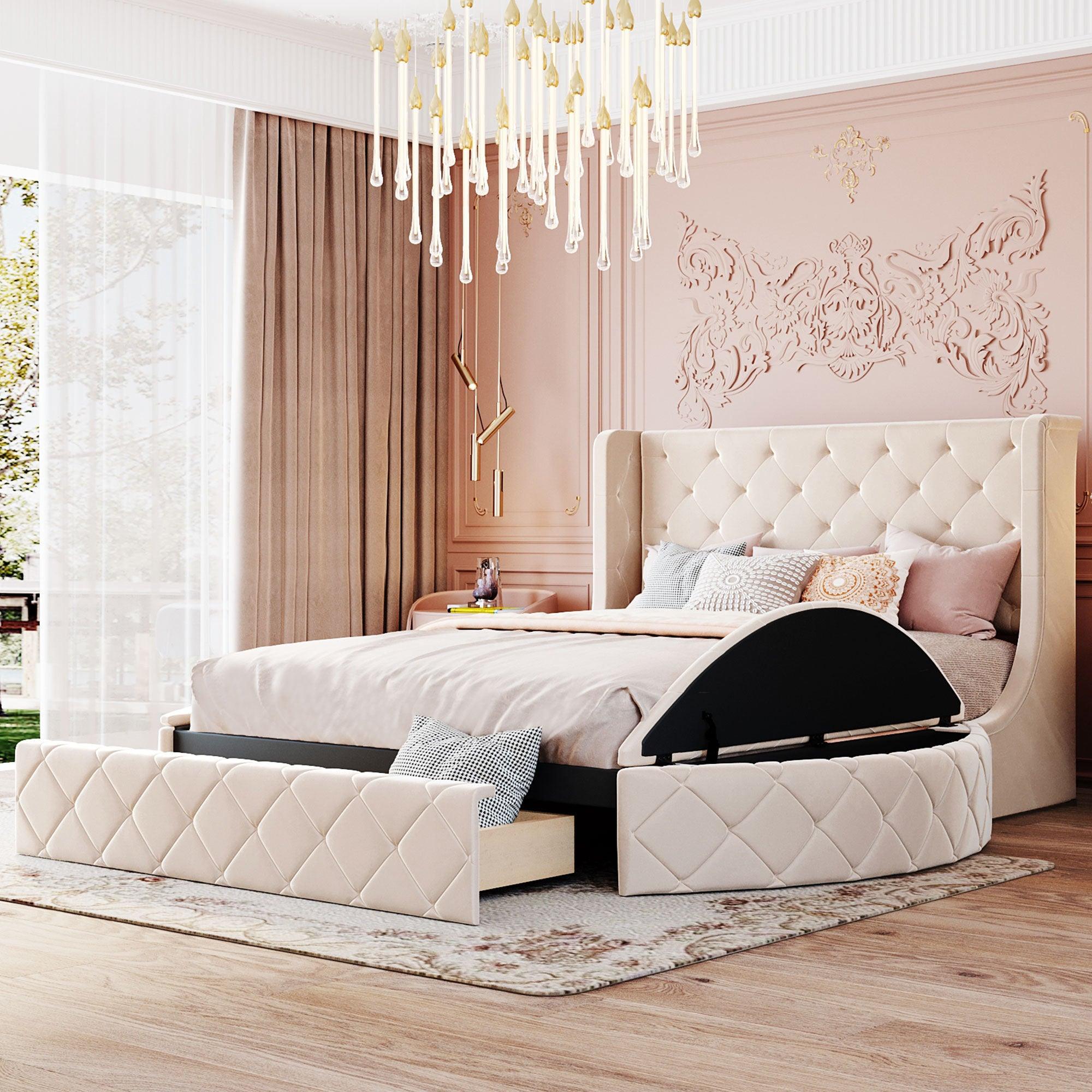 🆓🚛 Upholstered Platform Bed Queen Size Storage Velvet Bed With Wingback Headboard and 1 Big Drawer, 2 Side Storage Stool(Beige)