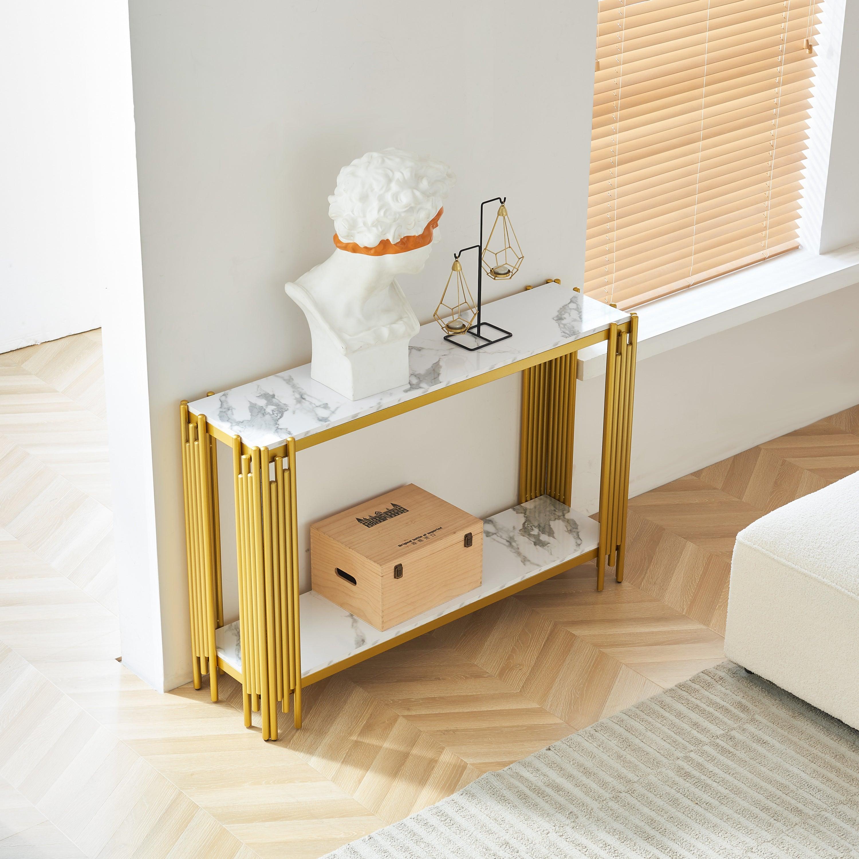 🆓🚛 2 Tier Faux Marbling Console Table, Living Room Sofa Table, Modern Narrow Entryway Table, Gold