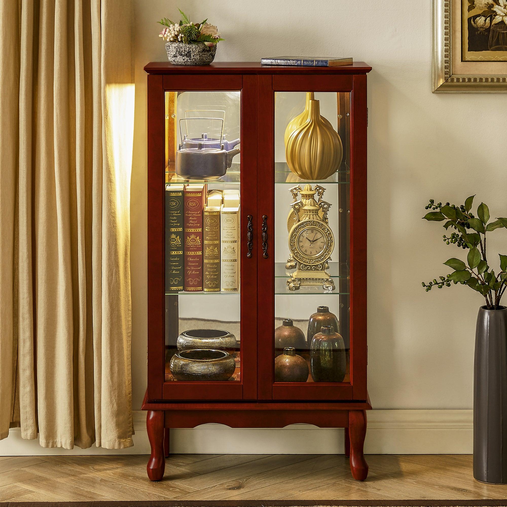 🆓🚛 3 Tier Curio Cabinet Lighted Diapaly Cabinet With Adjustable Shelves & Mirrored Back Panel, Tempered Glass Doors, Cherry, (E26 Light Bulb Not Included)