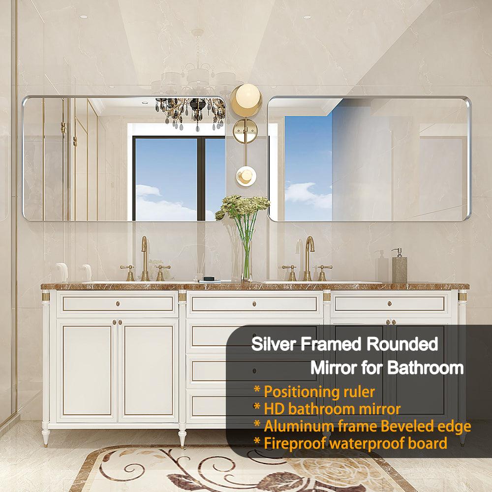 🆓🚛 40X30" Brushed Silver Rounded Corner Rectangle Bathroom Mirror for Wall Metal Frame Wall Mounted Bathroom Mirror Vanity Bathroom Mirror (Horizontal & Vertical)