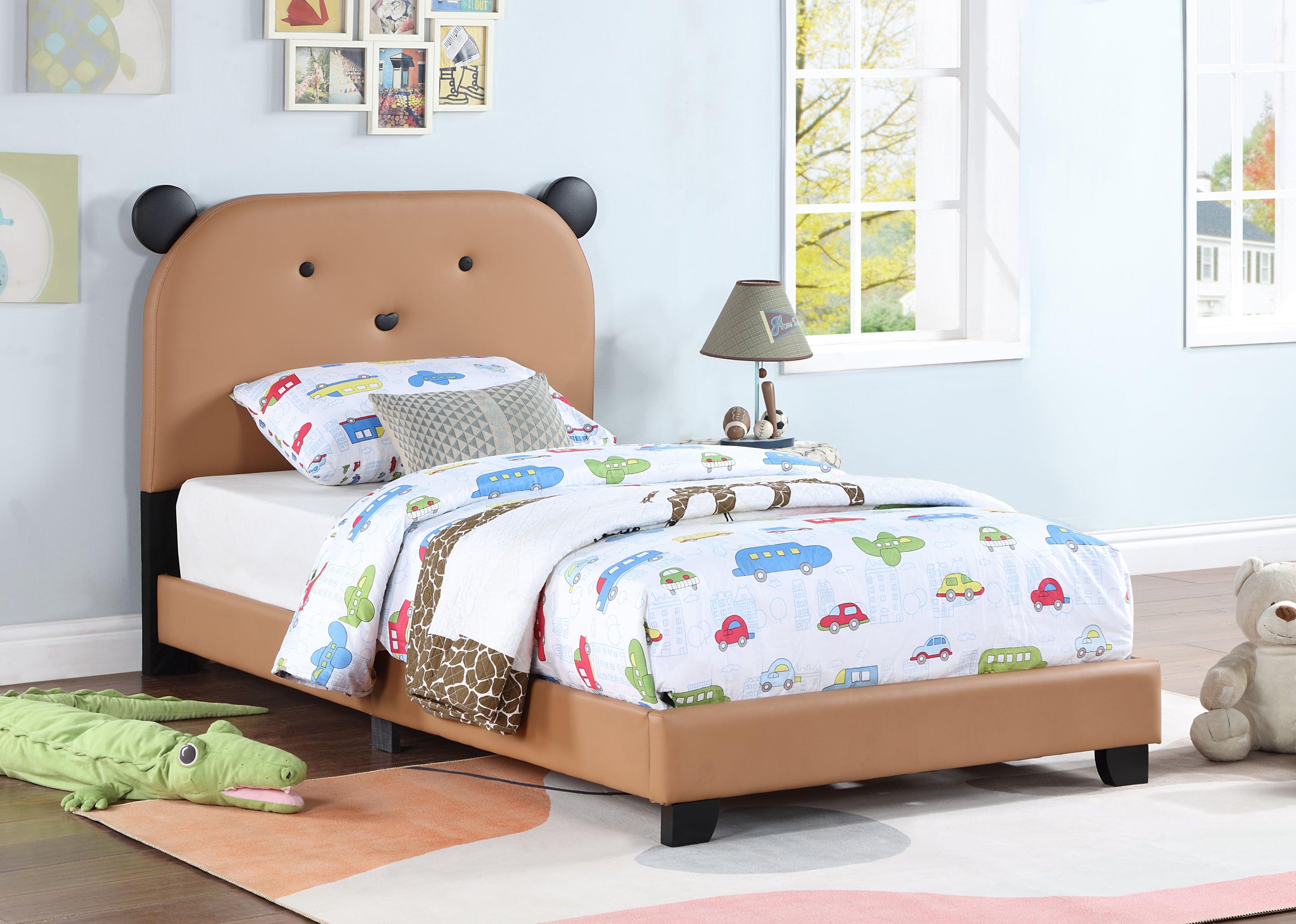 🆓🚛 Upholstered Twin Size Platform Bed for Kids, With Slatted Bed Base, No Box Spring Needed, Brown Color, Bear Design