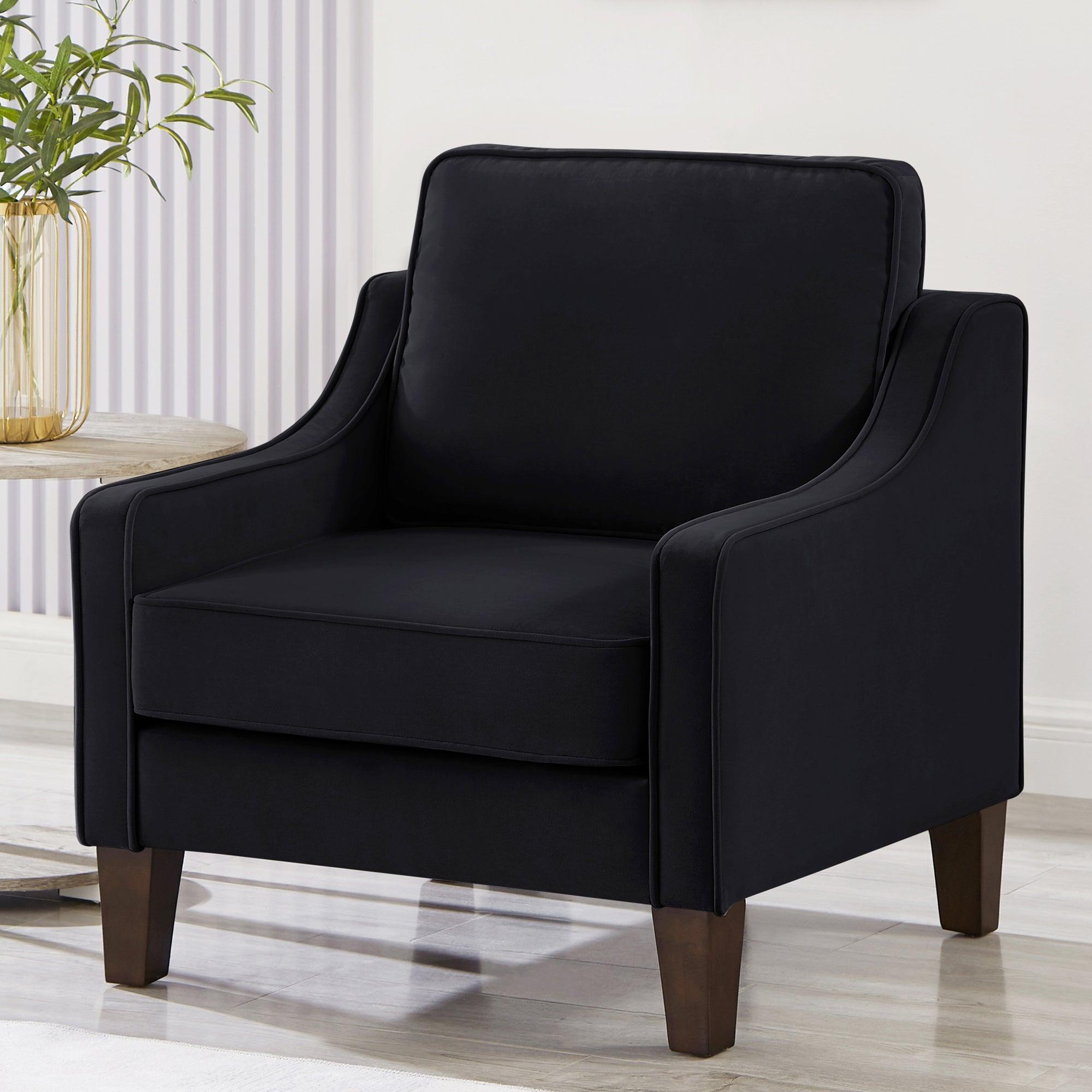 🆓🚛 Modern Armchair, Living Room Single Seat Sofa Chair With Wooden Legs, Upholstered Velvet Accent Chair for Living Room, Bedroom, Black