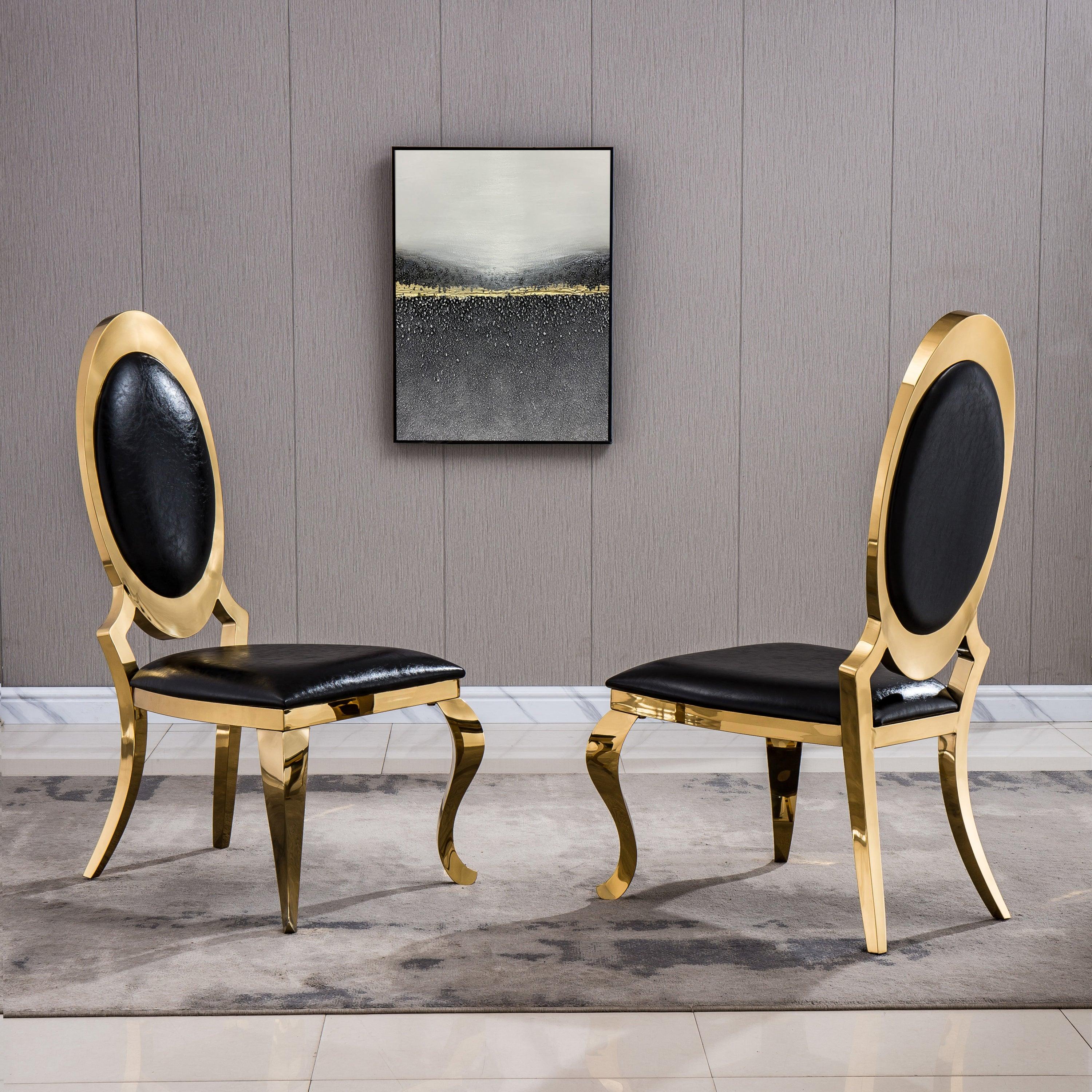 🆓🚛 Leatherette Dining Chair With Oval Backrest Set Of 2, Stainless Steel Legs, Black & Gold