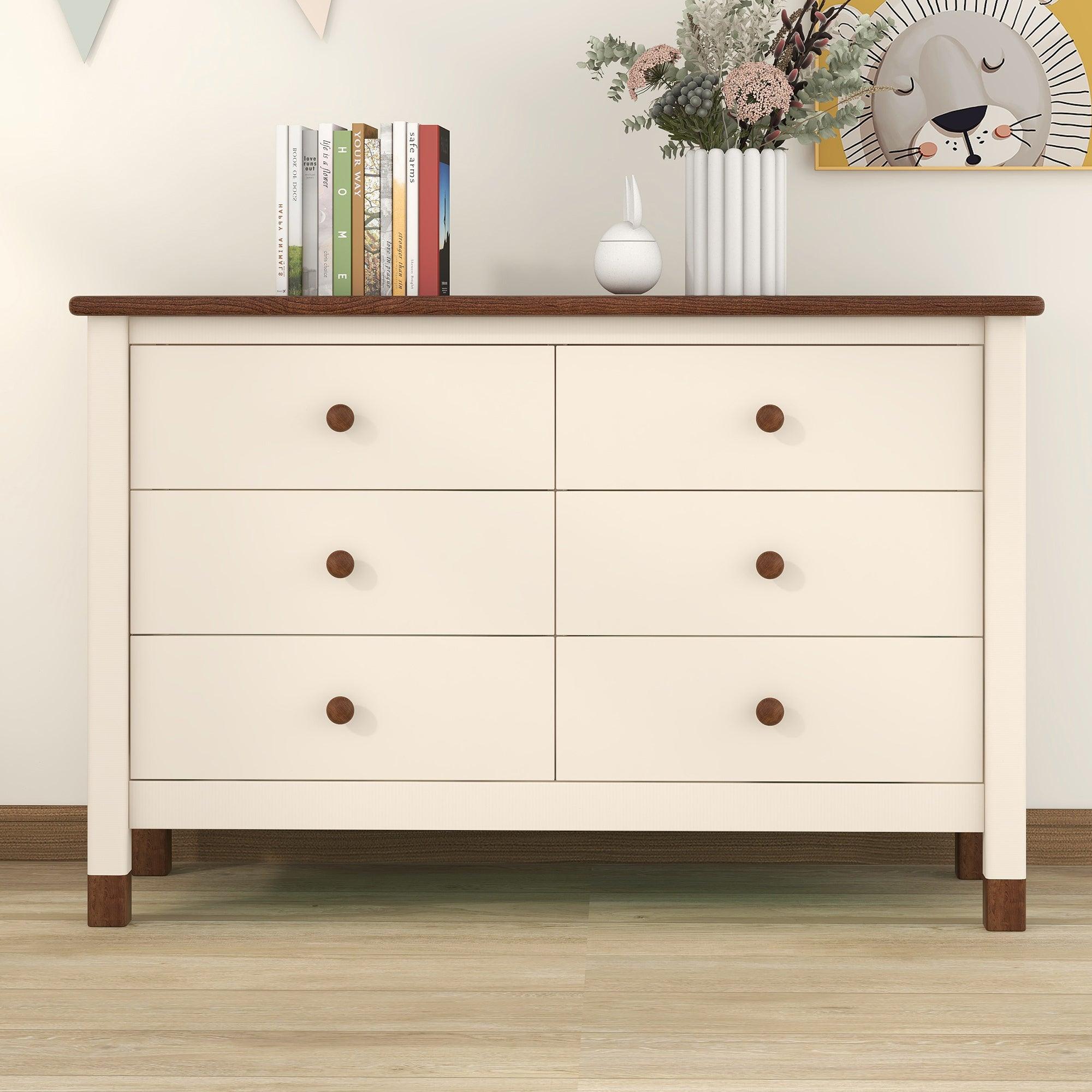 🆓🚛 Wooden Storage Dresser With 6 Drawers, Storage Cabinet for Kids Bedroom, Cream+Walnut