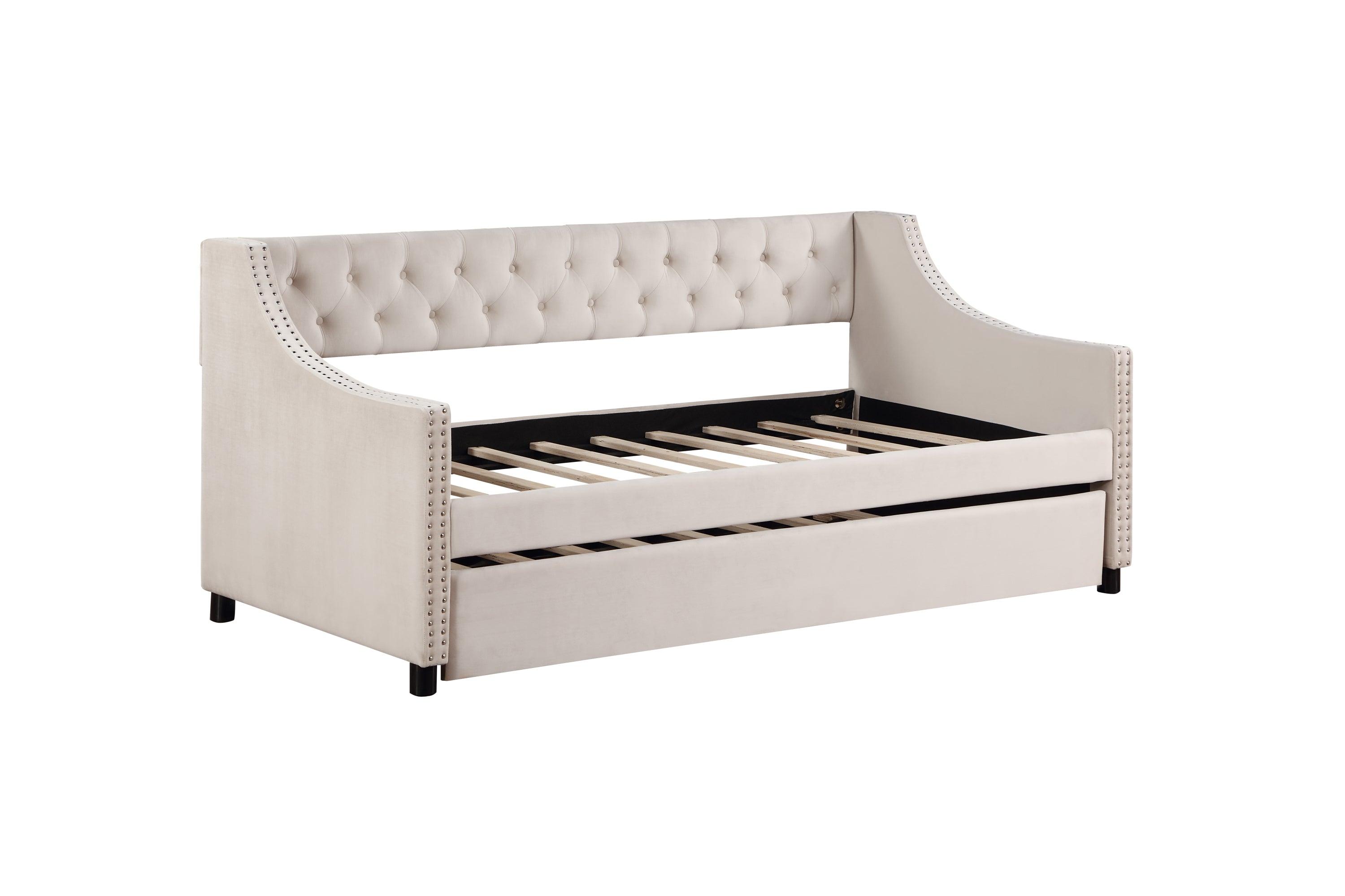 🆓🚛 Upholstered Daybed With Trundle, Twin Size Frame, Beige Velvet
