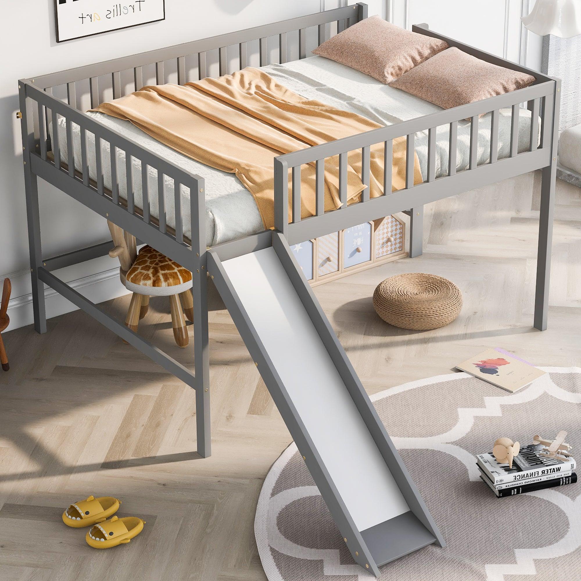 Full Size Low Loft Bed with Ladder and Slide, Gray