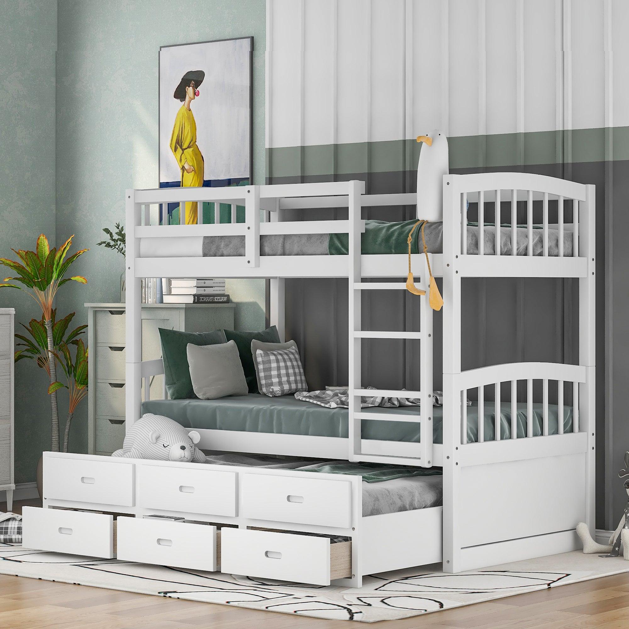 🆓🚛 Twin Over Twin Wood Bunk Bed With Trundle & Drawers, White