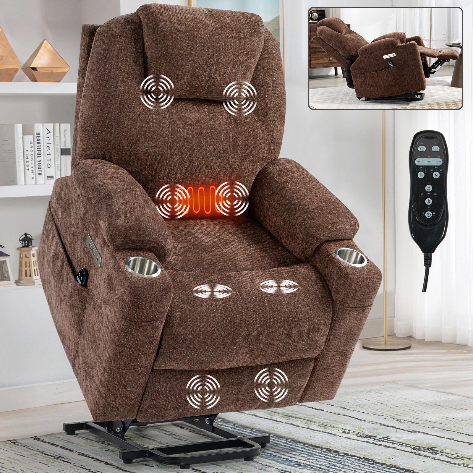 🆓🚛 Okin Motor Up To 350 Lbs Chenille Power Lift Recliner Chair, Heavy Duty Motion Mechanism With 8-Point Vibration Massage & Lumbar Heating, Usb & Type-C Ports, Stainless Steel Cup Holders, Brown