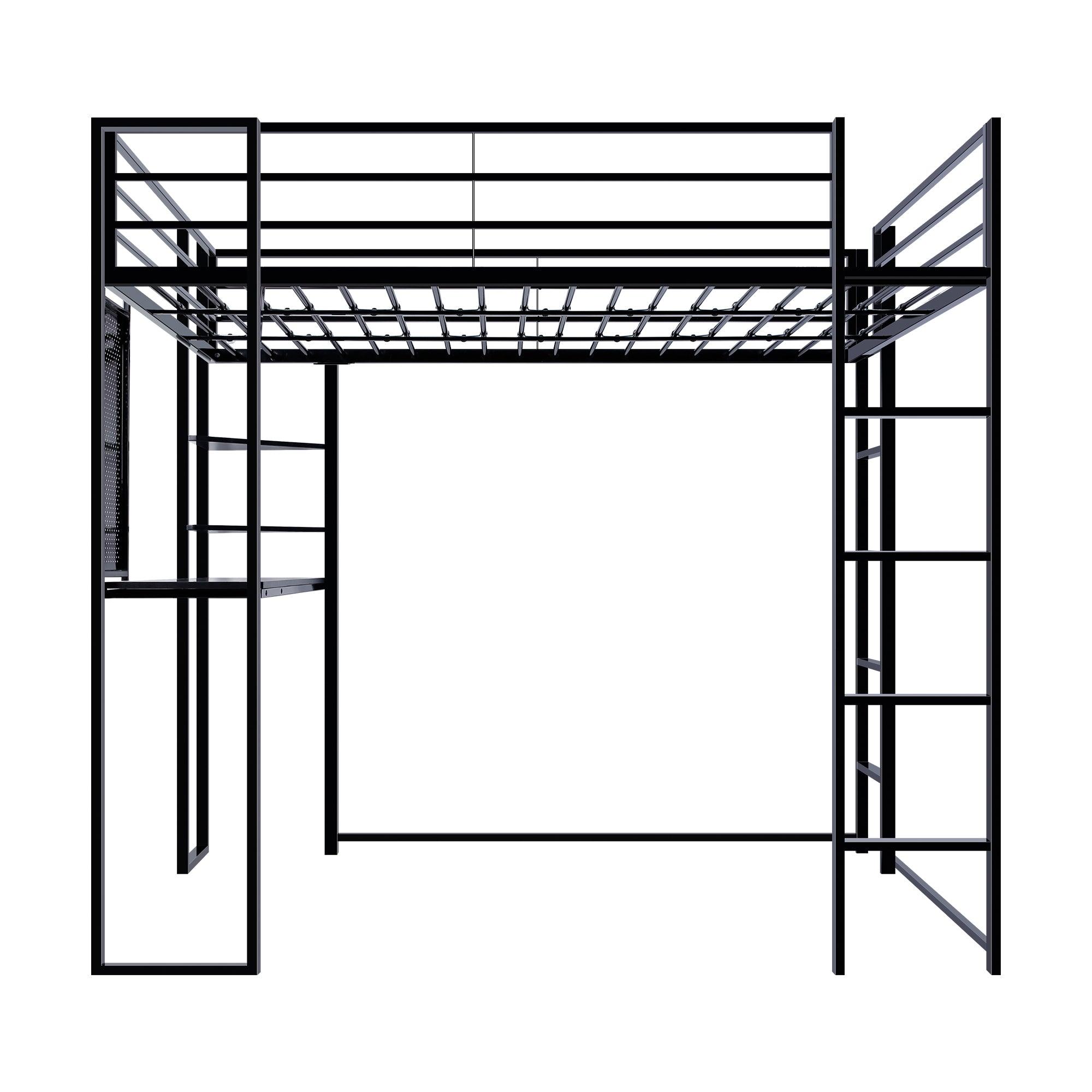 Full Size Loft Bed With Desk And Shelves, Metal Loft Bed With 2 Built-In Ladders, Full-Length Guardrail