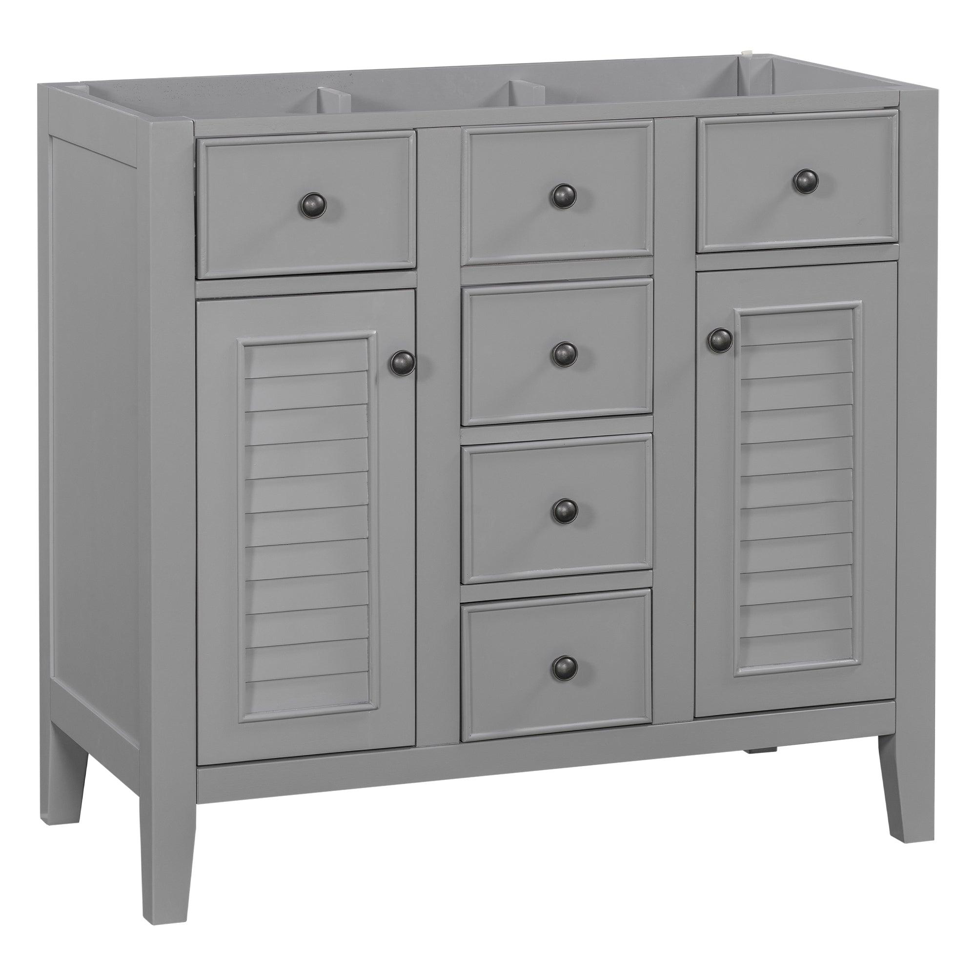 🆓🚛 36" Bathroom Vanity Without Sink, Cabinet Base Only, Two Cabinets & Five Drawers, Solid Wood Frame, Gray