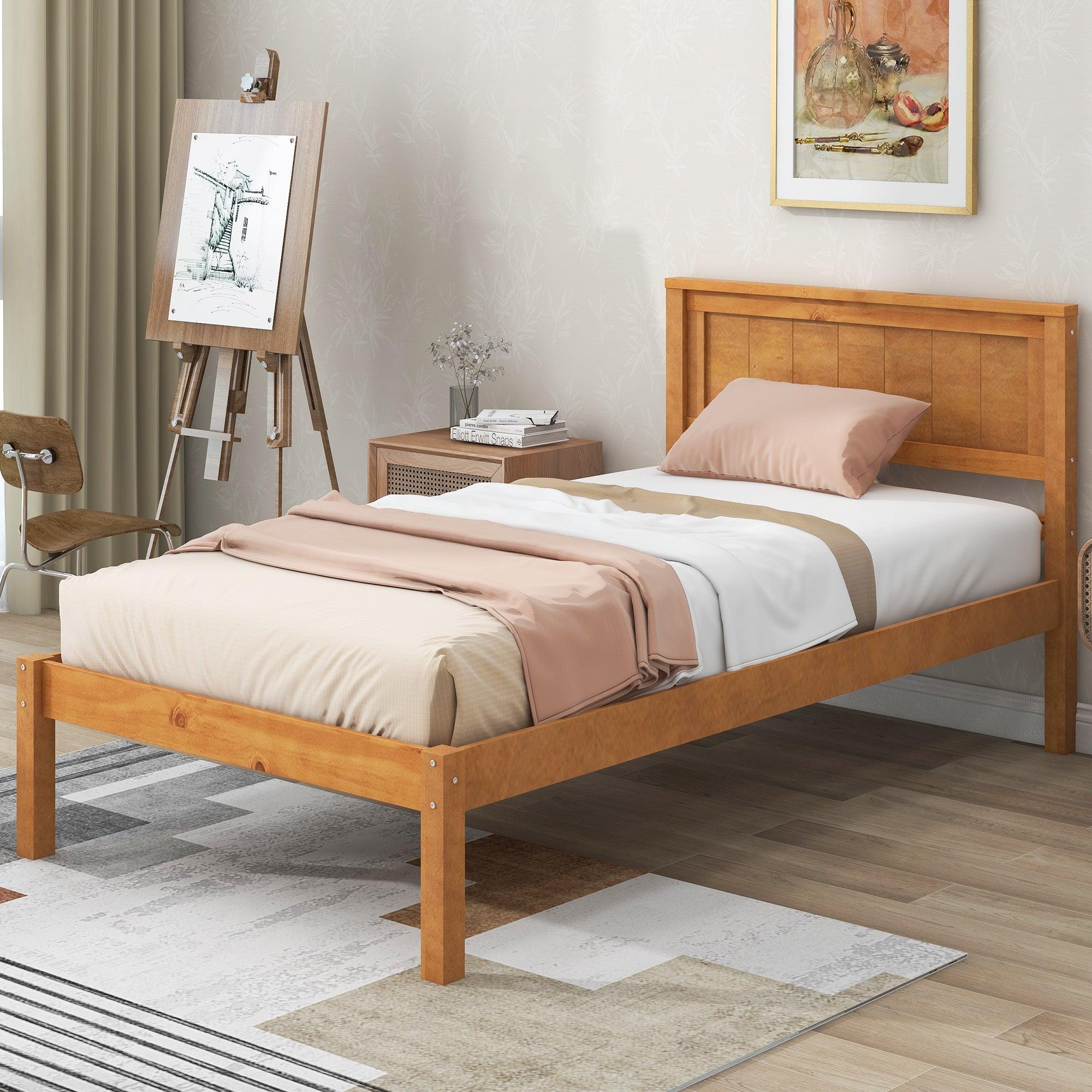 🆓🚛 Platform Bed Frame With Headboard, Wood Slat Support, No Box Spring Needed, Twin, Oak