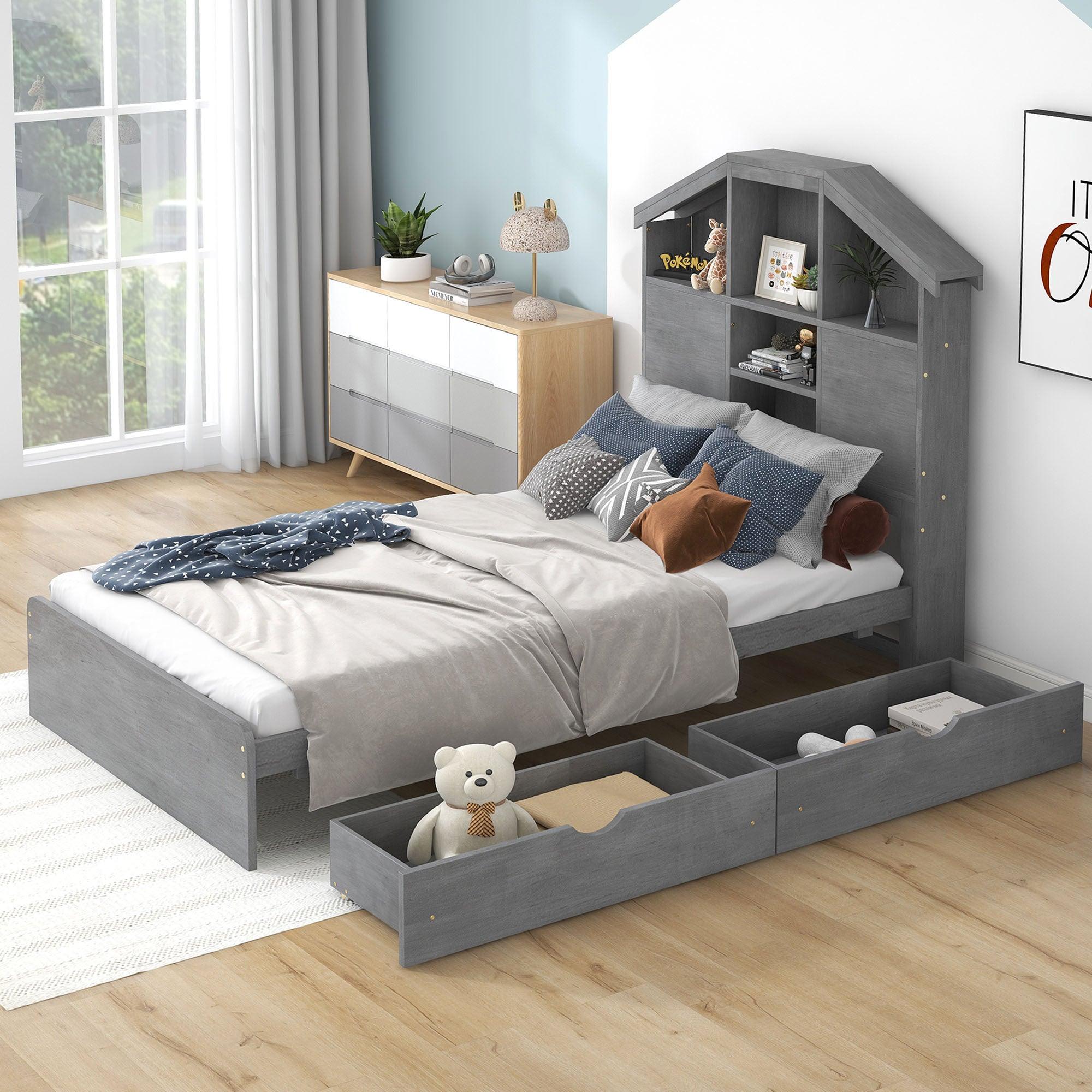 🆓🚛 Twin Size Wood Platform Bed With House-Shaped Storage Headboard & 2 Drawers, Gray