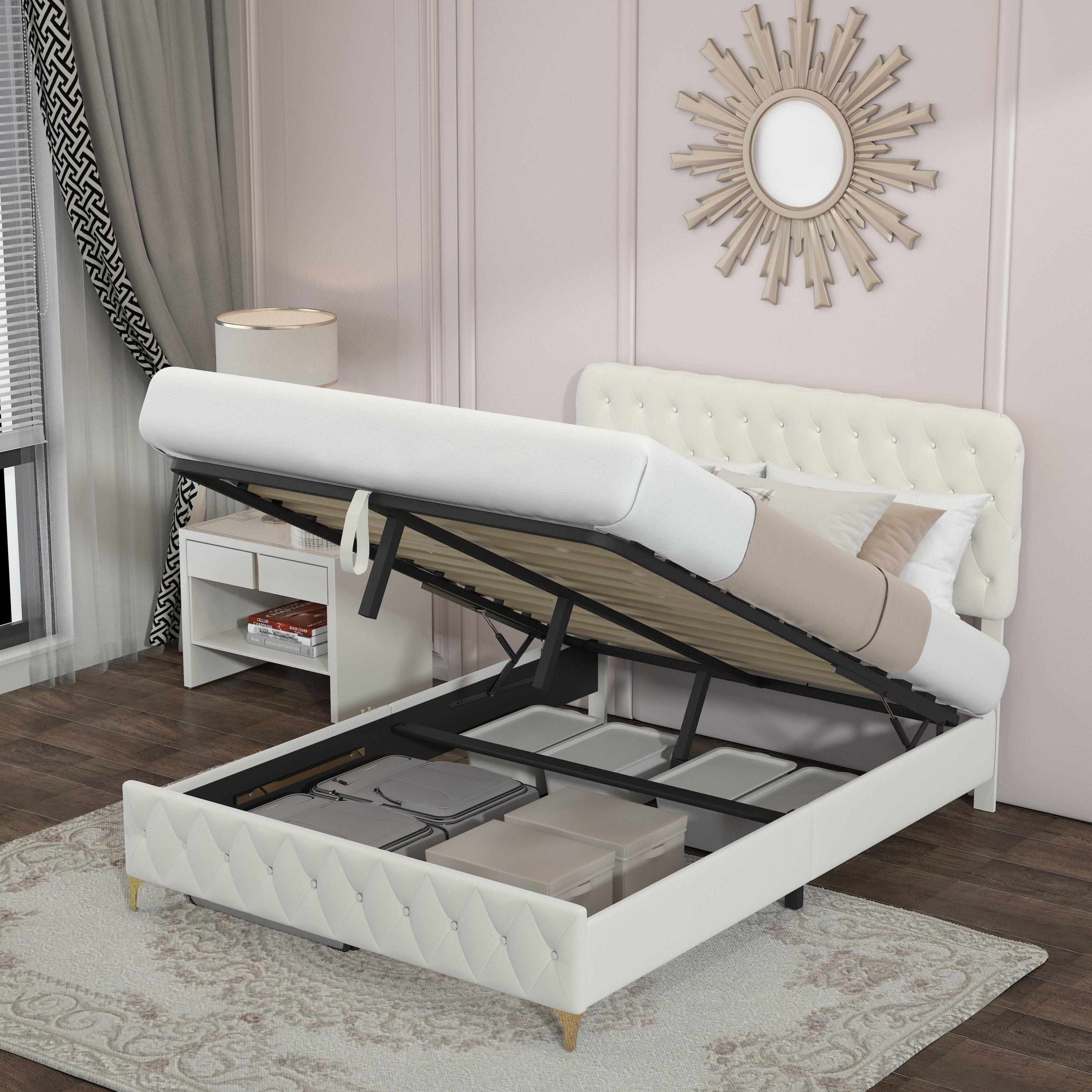 🆓🚛 Queen Platform Bed Frame With Pneumatic Hydraulic Function, Velvet Upholstered Bed With Deep Tufted Buttons, Lift Up Storage Bed With Hidden Underbed Oversized Storage, Beige