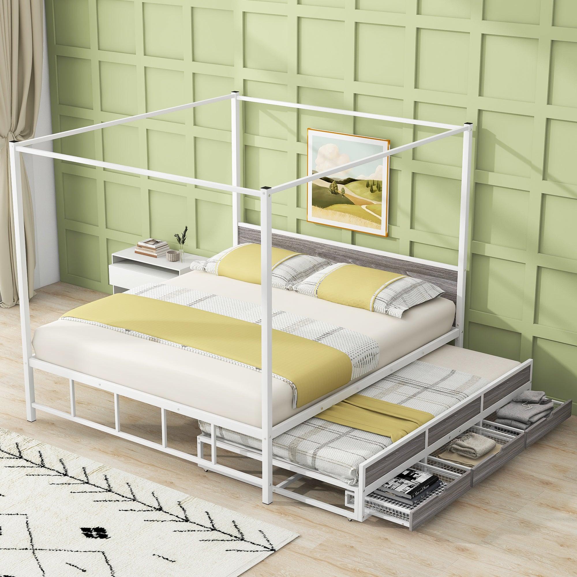 🆓🚛 Queen Size Metal Canopy Platform Bed With Twin Size Trundle & 3 Storage Drawers, White