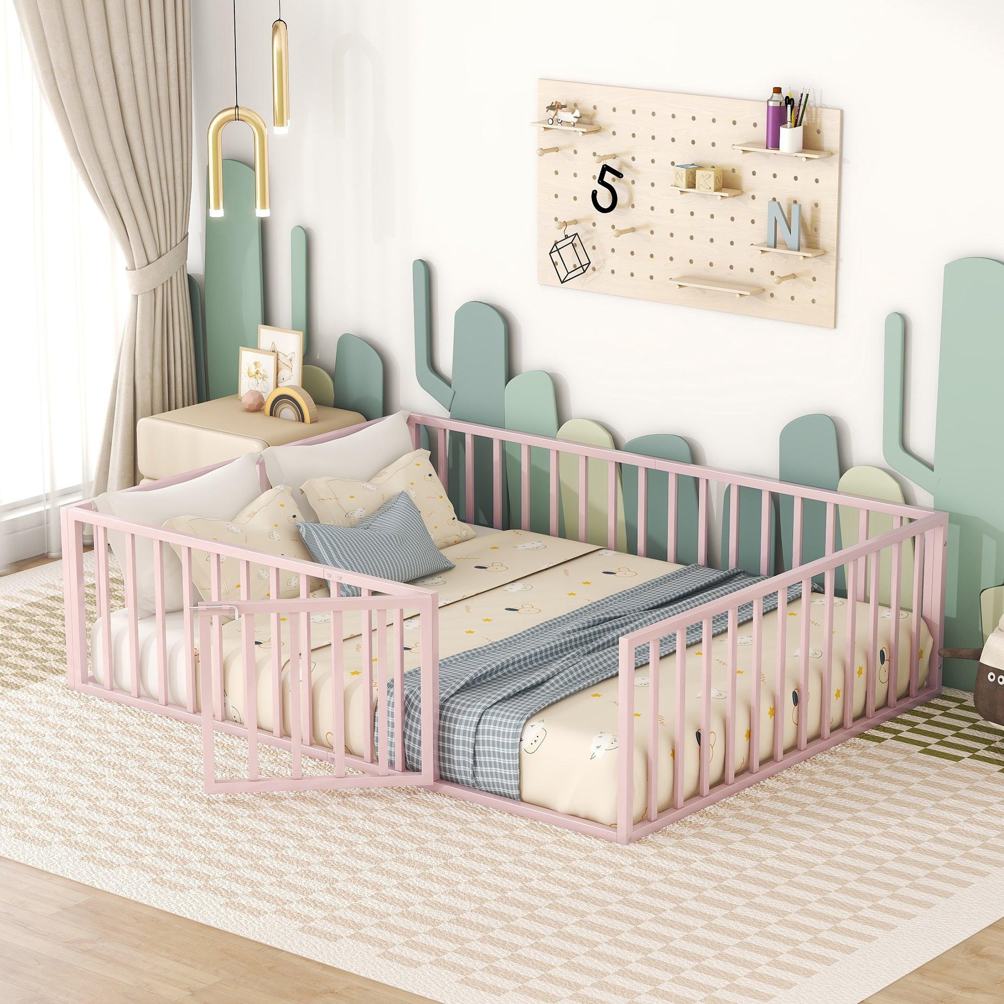 🆓🚛 Queen Size Metal Floor Bed Frame With Fence & Door, Pink