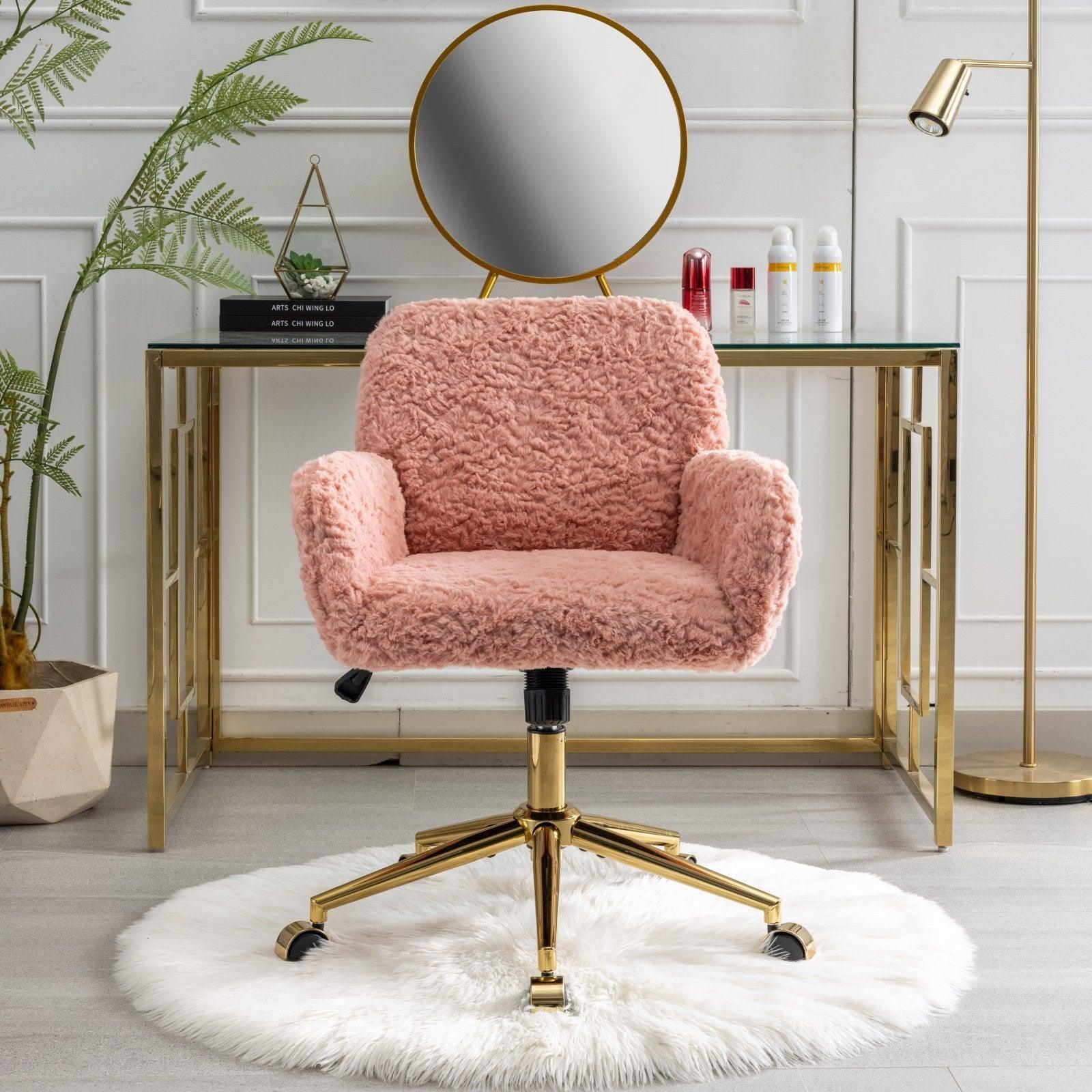 🆓🚛 Office Chair, Artificial Rabbit Hair Home Office Chair With Golden Metal Base, Adjustable Desk Chair Swivel Office Chair, Vanity Chair (Pink)