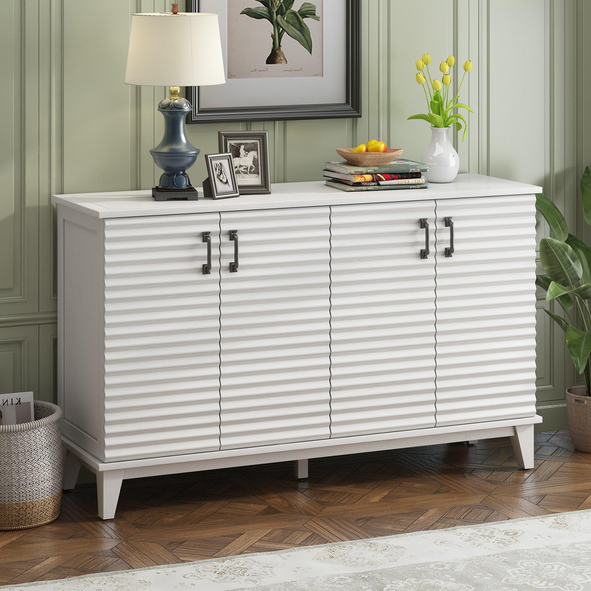 🆓🚛 Sideboard With 4 Door Large Storage Buffet With Adjustable Shelves & Metal Handles for Kitchen, Living Room, Dining Room (Antique White)