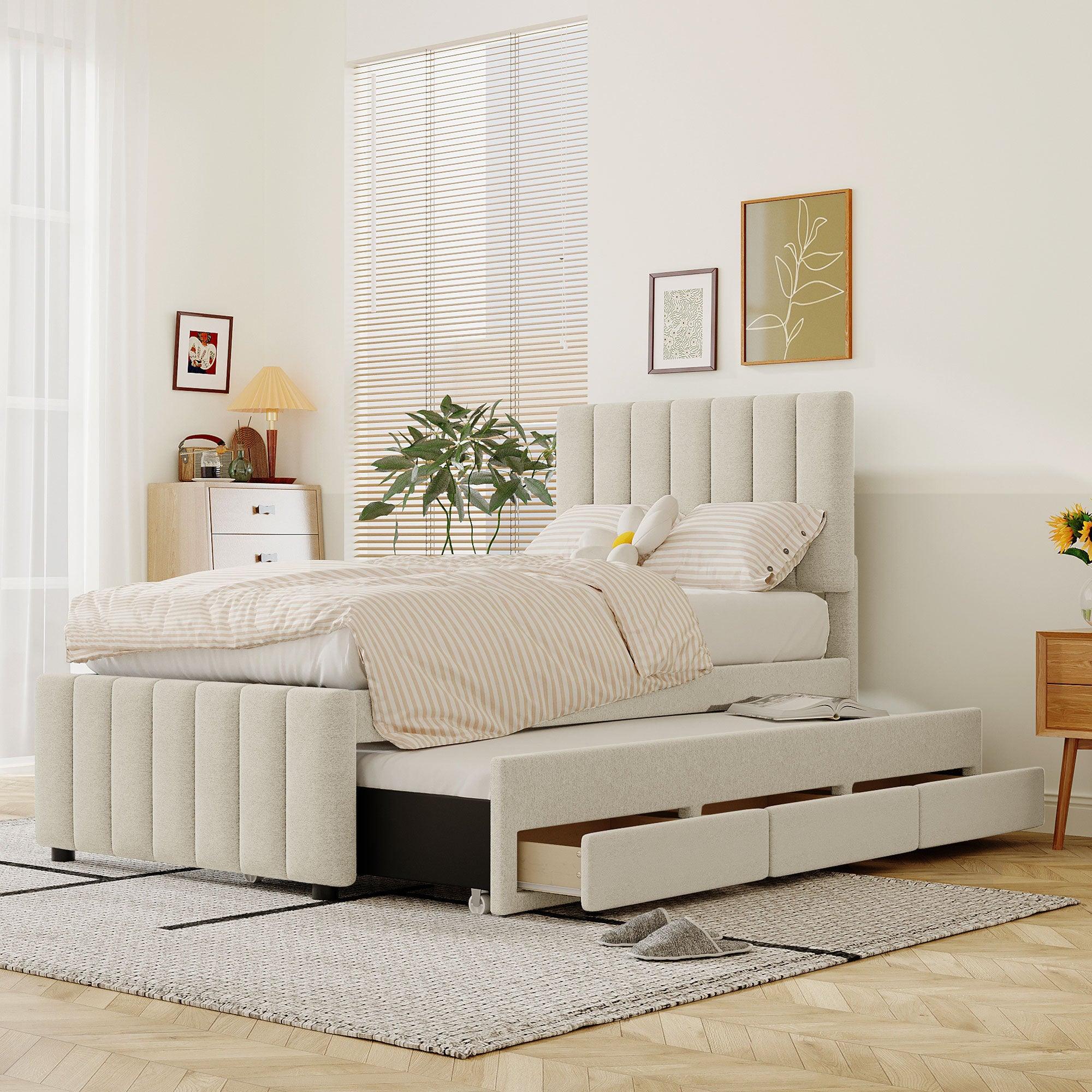 🆓🚛 Twin Size Upholstered Platform Bed With Trundle & 3 Drawers, Linen Fabric, Beige