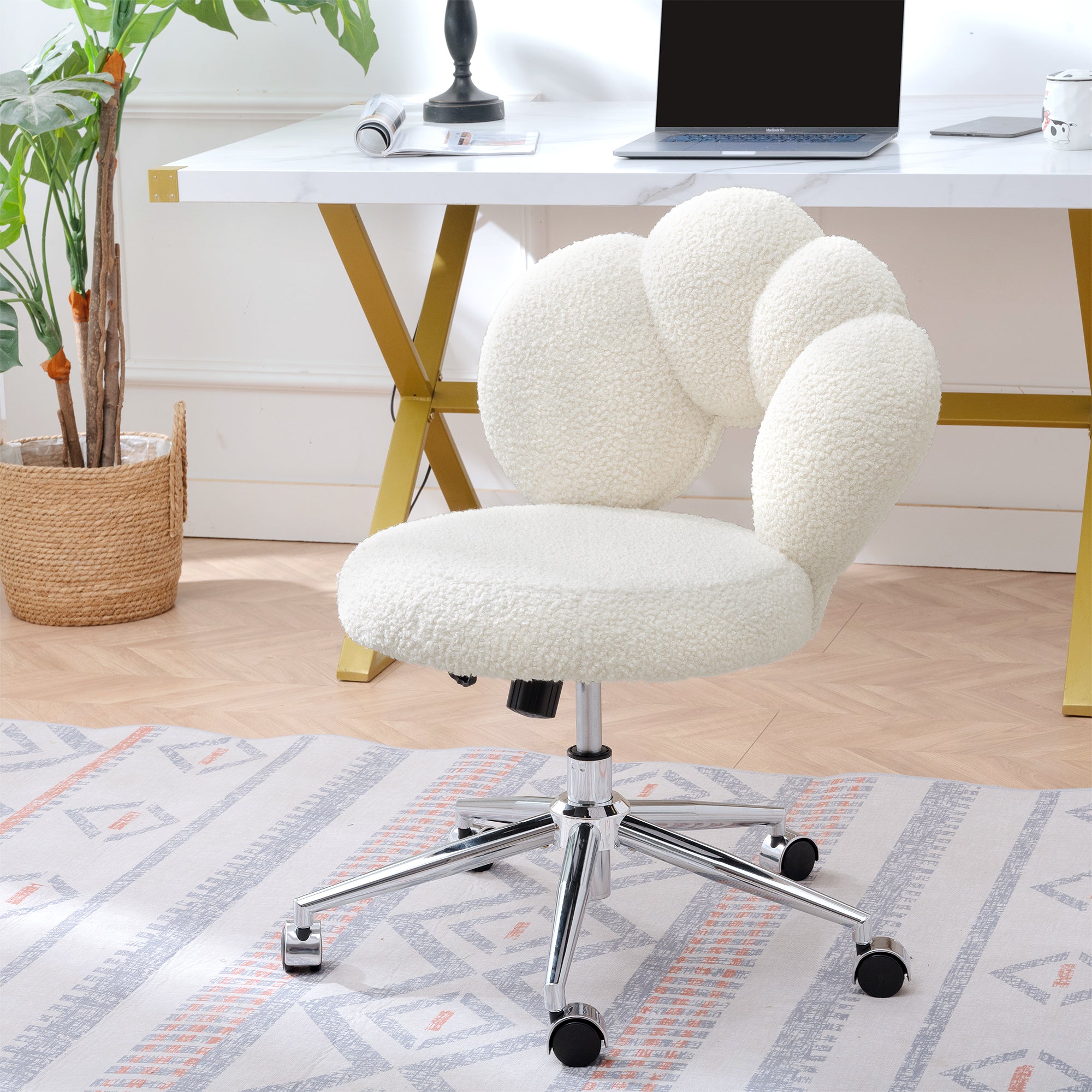 🆓🚛 Cozy Teddy Fabric Office Chair, Height Adjustable, White